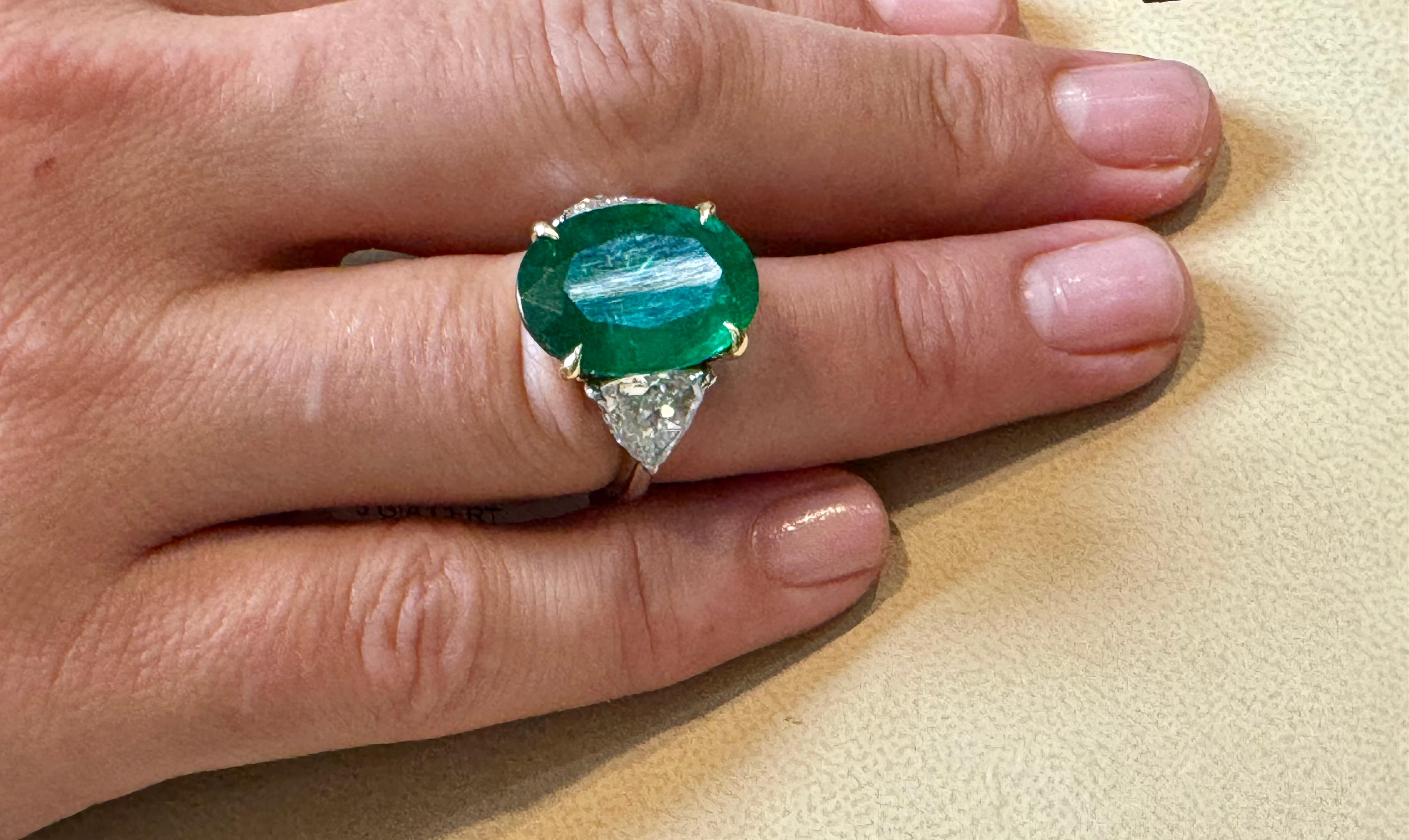 GIA Certified 11 Ct Fine Zambian Emerald & 1.52 Ct Each Trillion Diamond Ring Pt For Sale 12