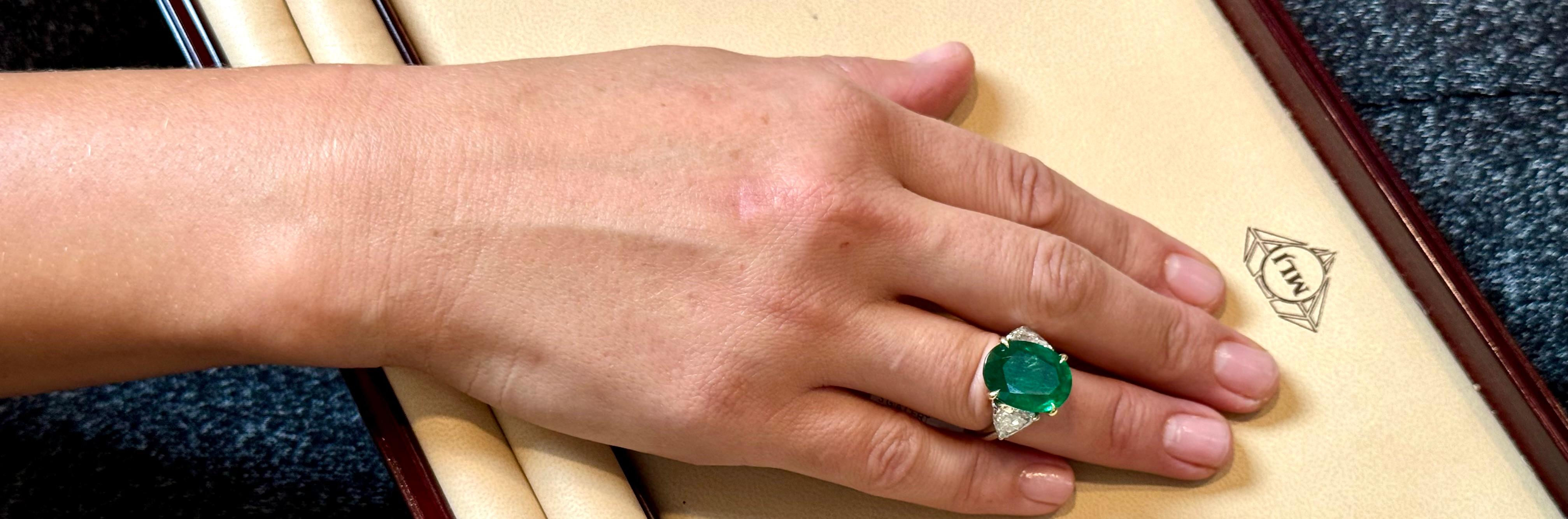 GIA Certified 11 Ct Fine Zambian Emerald & 1.52 Ct Each Trillion Diamond Ring Pt For Sale 13