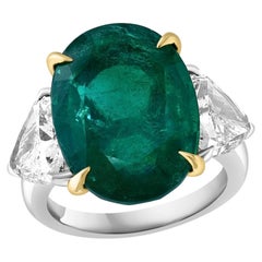 GIA Certified 11 Ct Fine Zambian Emerald & 1.52 Ct Each Trillion Diamond Ring Pt