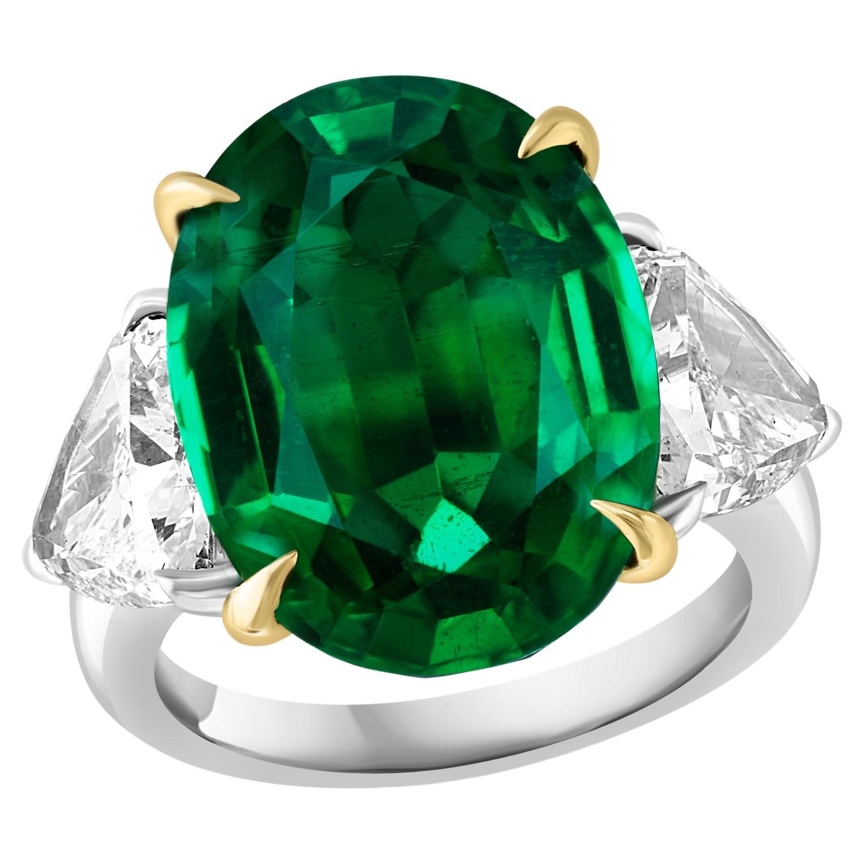 GIA Certified 11 Ct Fine Zambian Emerald & 1.52 Ct Each Trillion Diamond Ring Pt For Sale