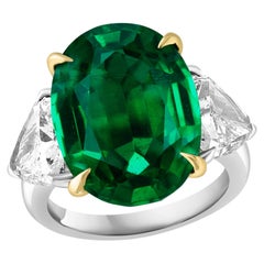 GIA Certified 11 Ct Fine Zambian Emerald & 1.52 Ct Each Trillion Diamond Ring Pt