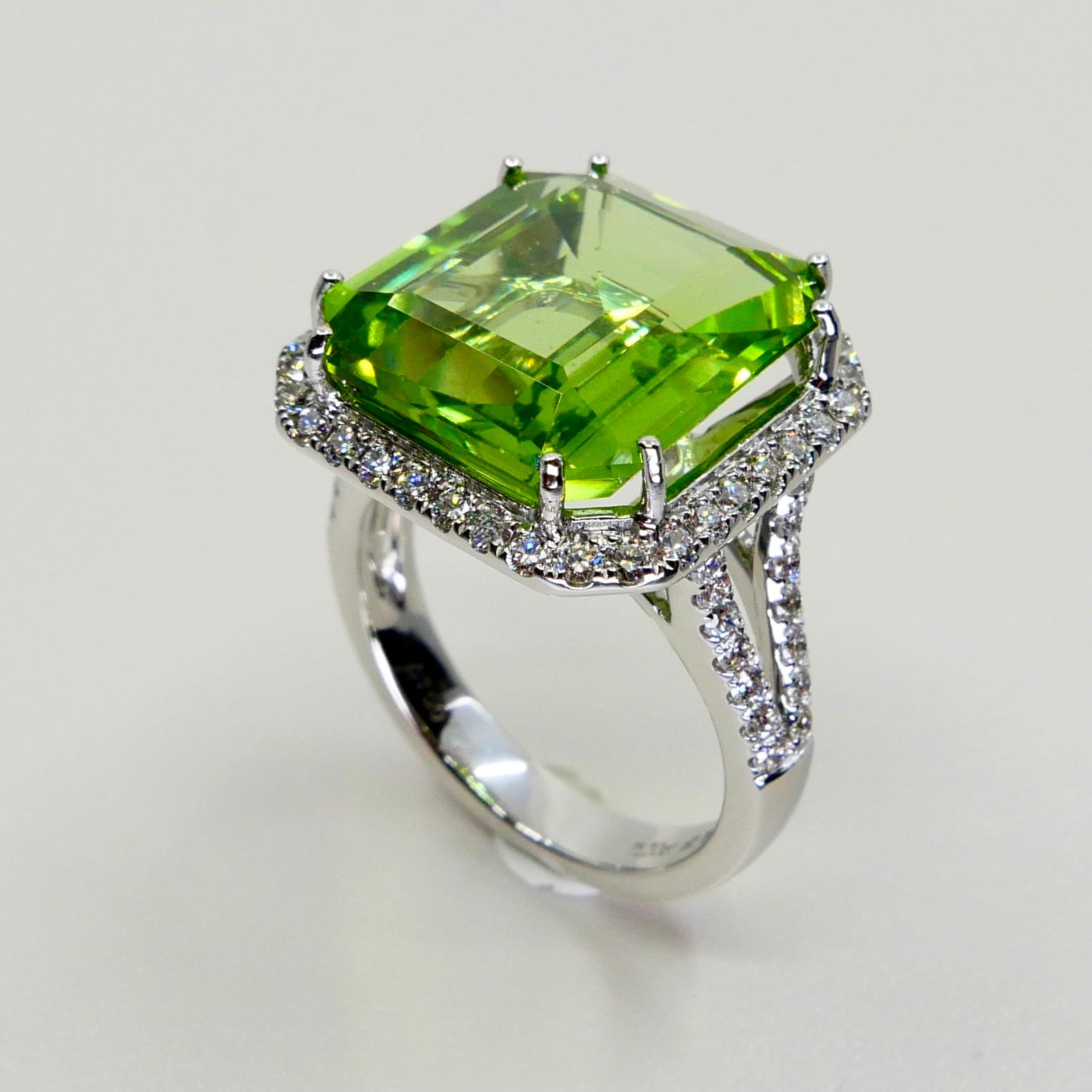 GIA Certified 11 Cts Natural Peridot & Diamond Statement Cocktail Ring, No Heat For Sale 1