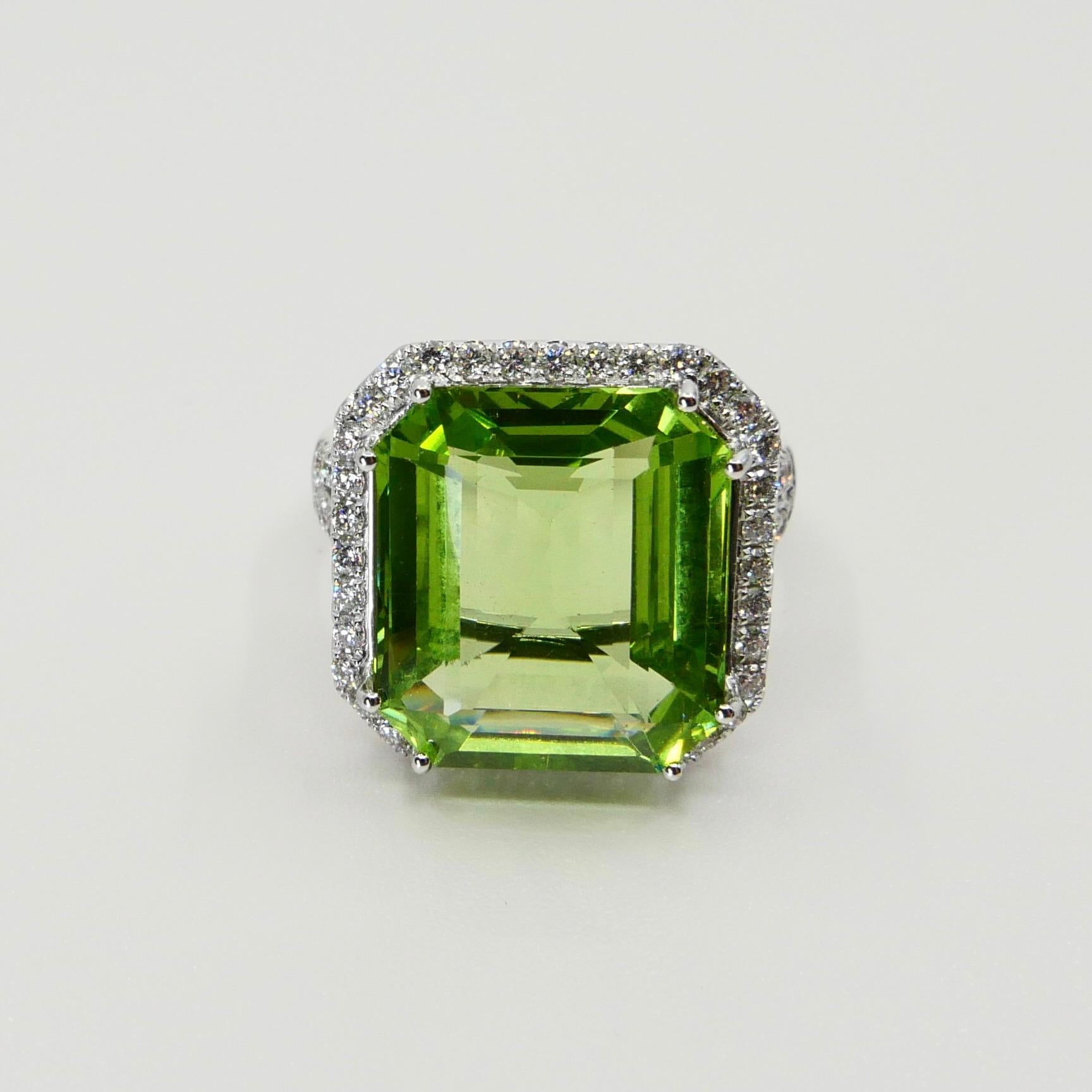 GIA Certified 11 Cts Natural Peridot & Diamond Statement Cocktail Ring, No Heat For Sale 3