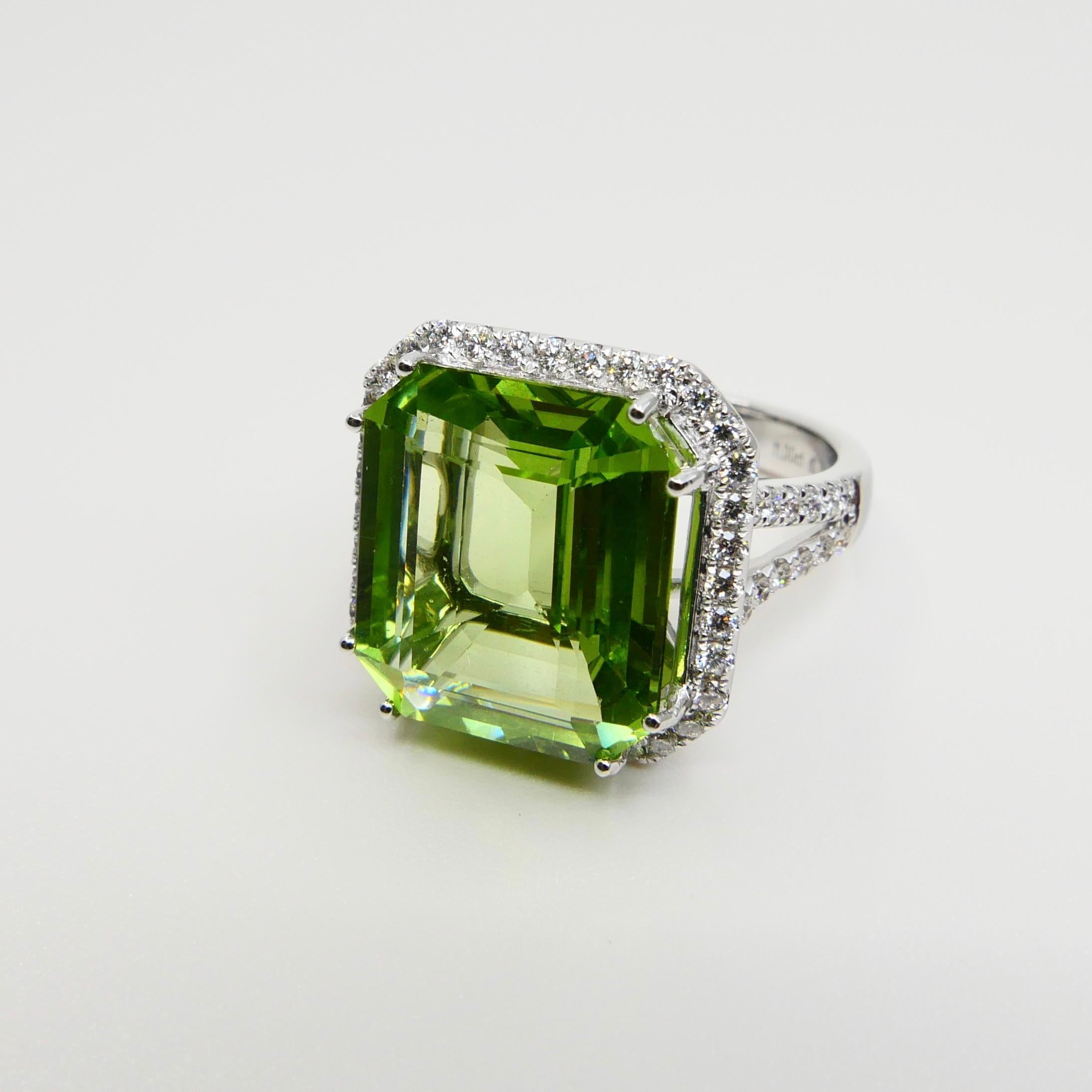 GIA Certified 11 Cts Natural Peridot & Diamond Statement Cocktail Ring, No Heat For Sale 5