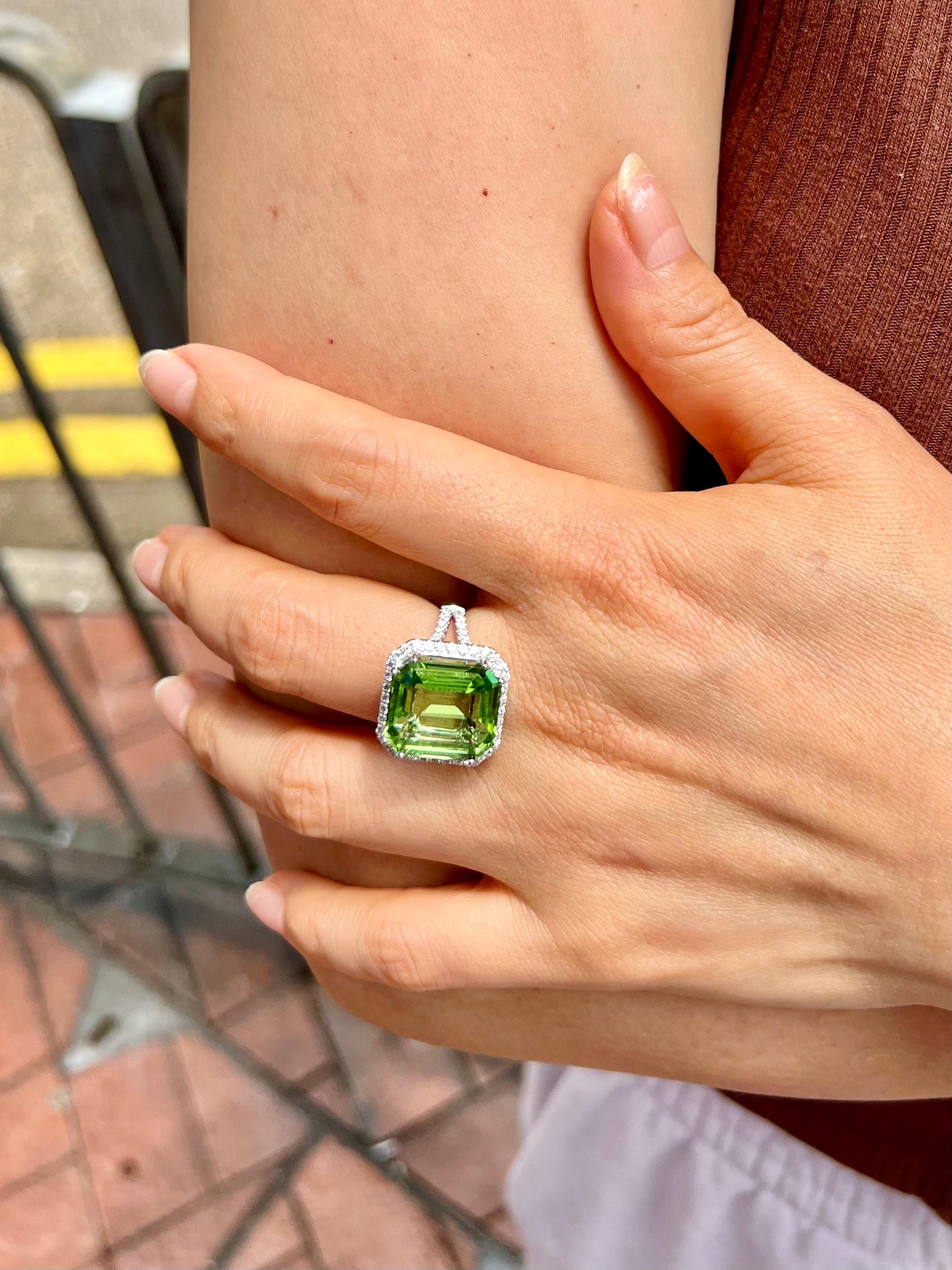 GIA Certified 11 Cts Natural Peridot & Diamond Statement Cocktail Ring, No Heat For Sale 4