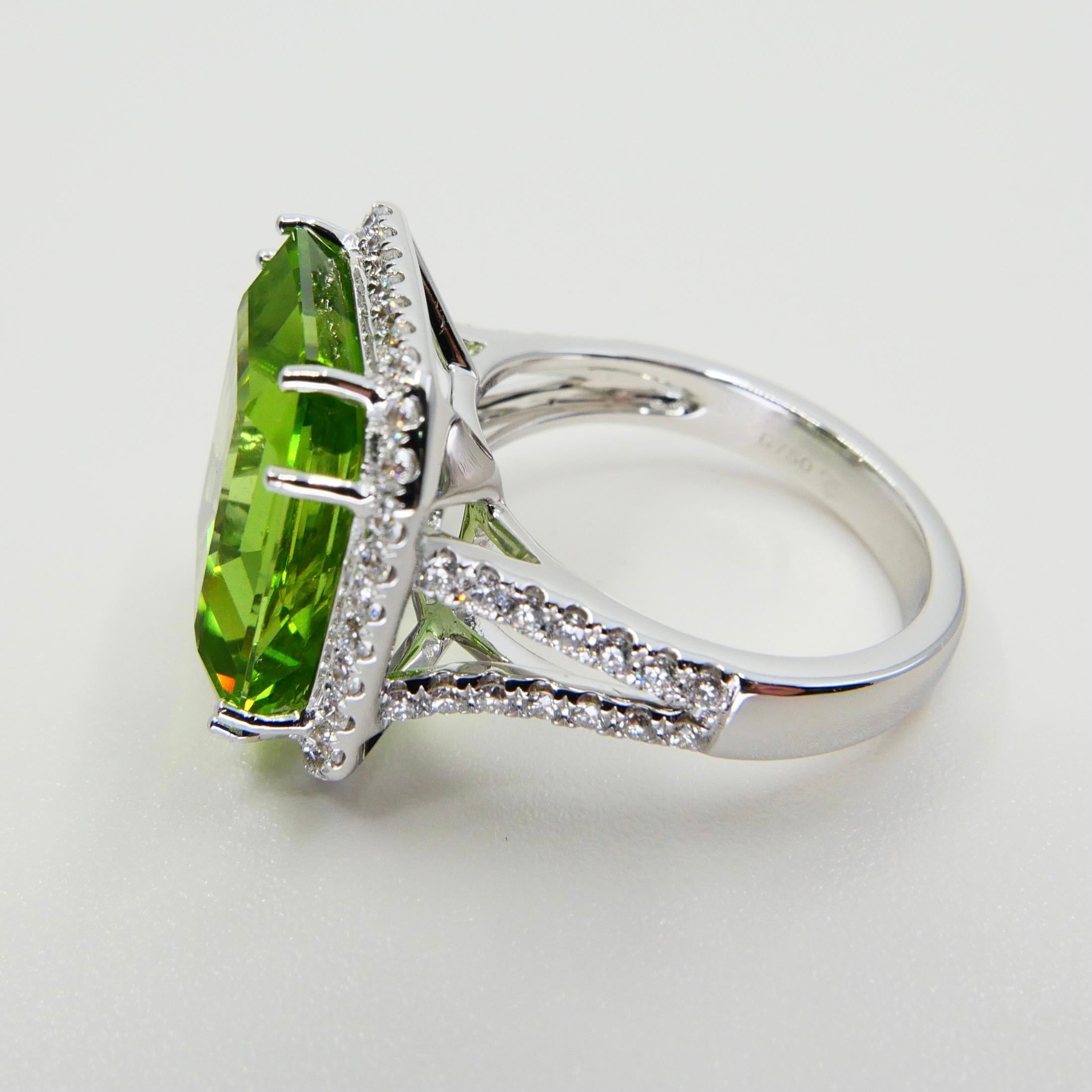 GIA Certified 11 Cts Natural Peridot & Diamond Statement Cocktail Ring, No Heat For Sale 6