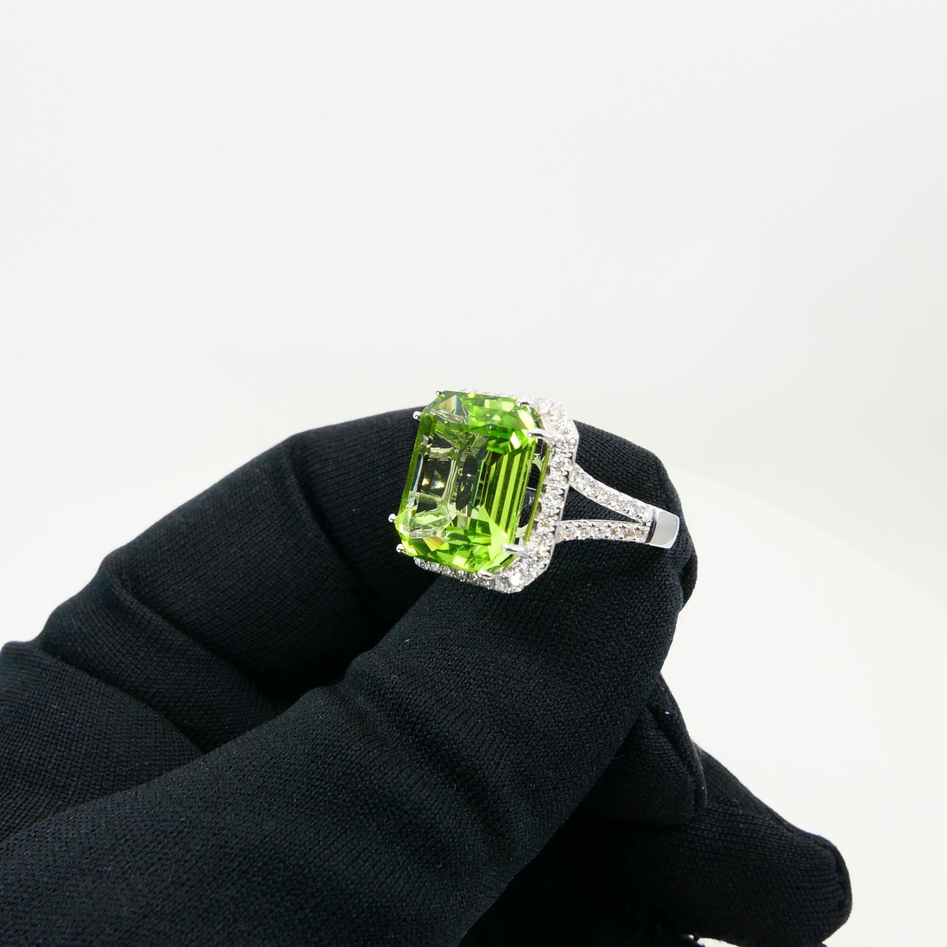 GIA Certified 11 Cts Natural Peridot & Diamond Statement Cocktail Ring, No Heat For Sale 7