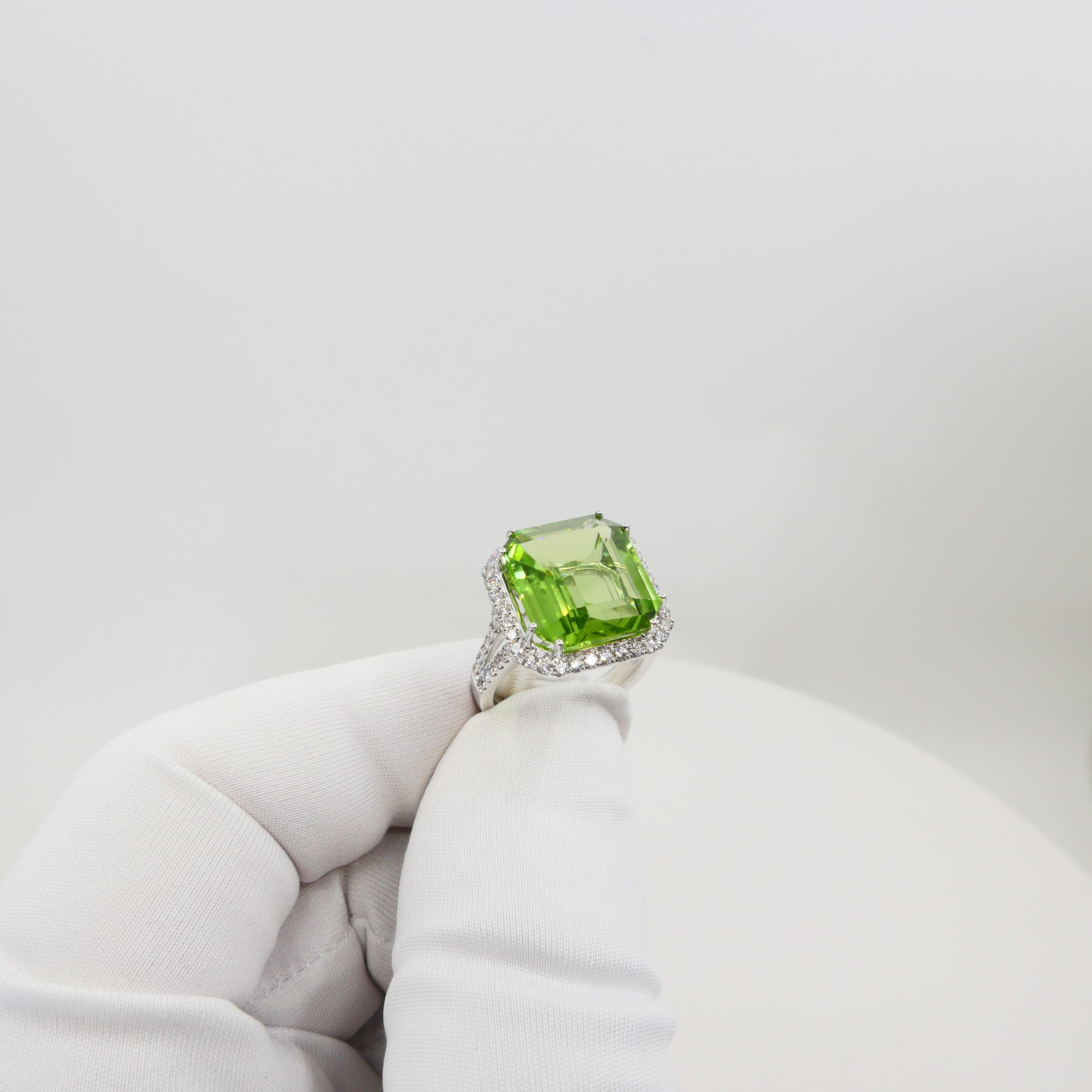 GIA Certified 11 Cts Natural Peridot & Diamond Statement Cocktail Ring, No Heat For Sale 10