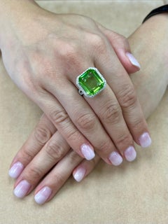GIA Certified 11 Cts Natural Peridot & Diamond Statement Cocktail Ring, No Heat