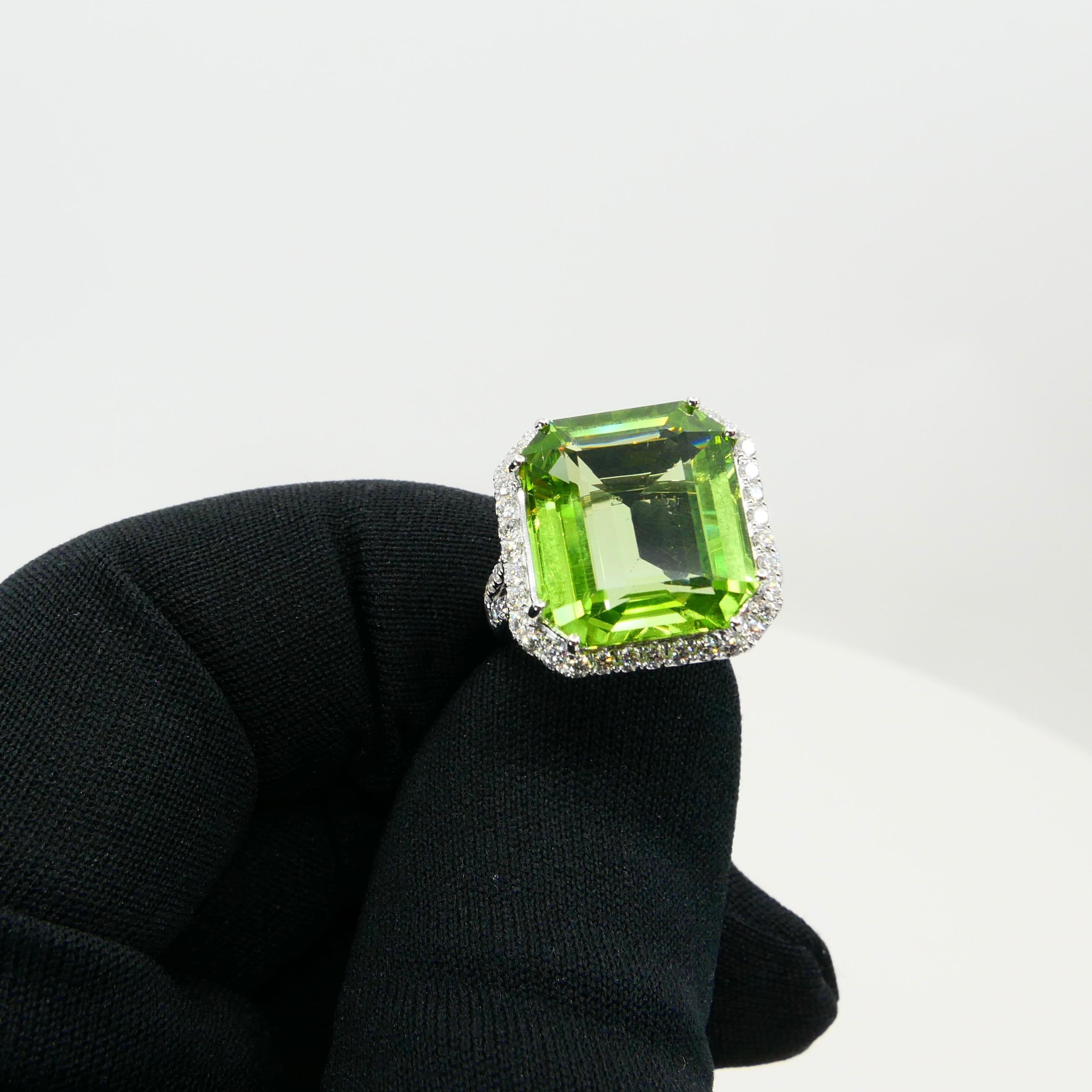 Contemporary GIA Certified 11 Cts Natural Peridot & Diamond Statement Cocktail Ring, No Heat For Sale