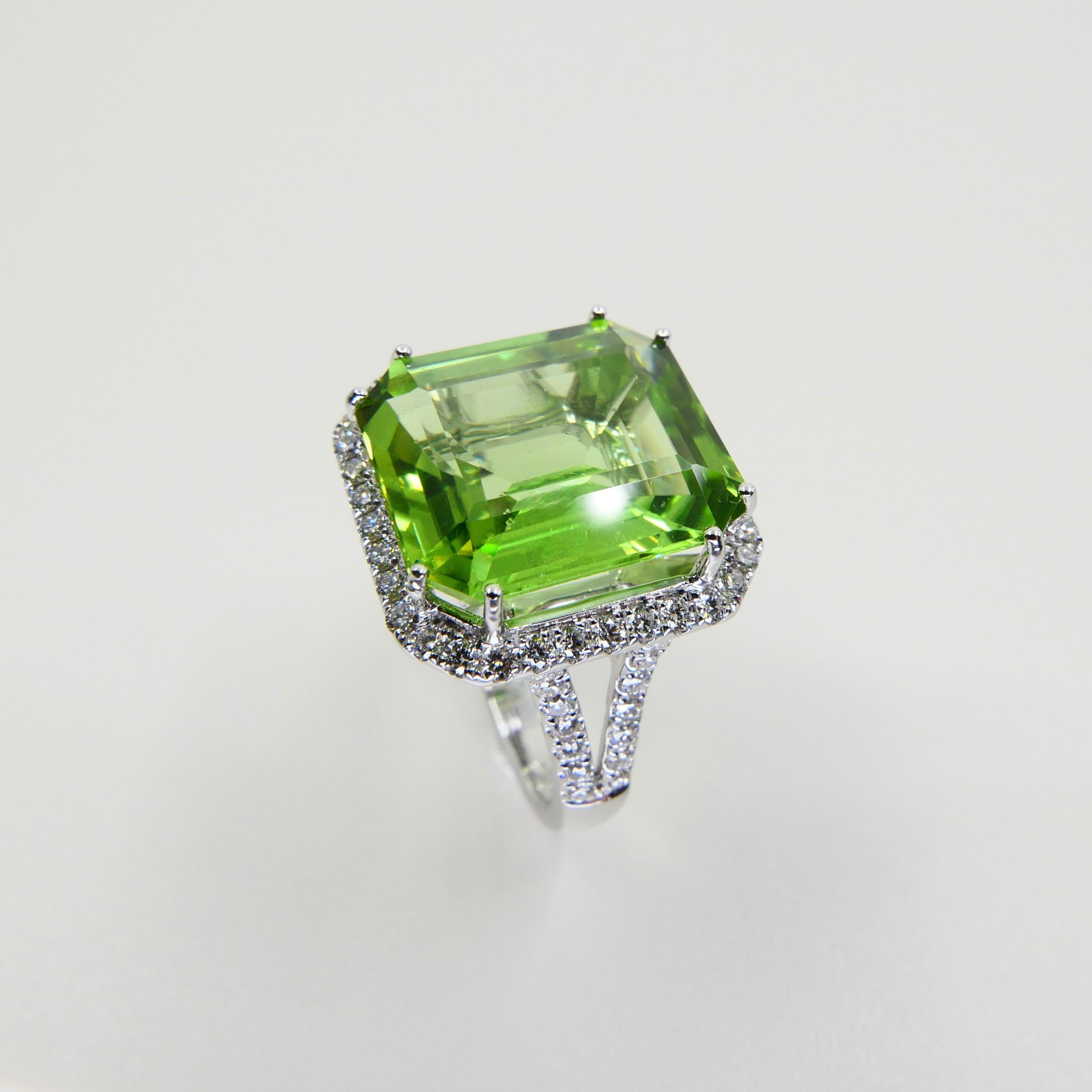 Emerald Cut GIA Certified 11 Cts Natural Peridot & Diamond Statement Cocktail Ring, No Heat For Sale