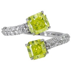GIA Certified 1.10 Carat and 1.11 Carat Fancy Vivid Green-Yellow Diamond Ring