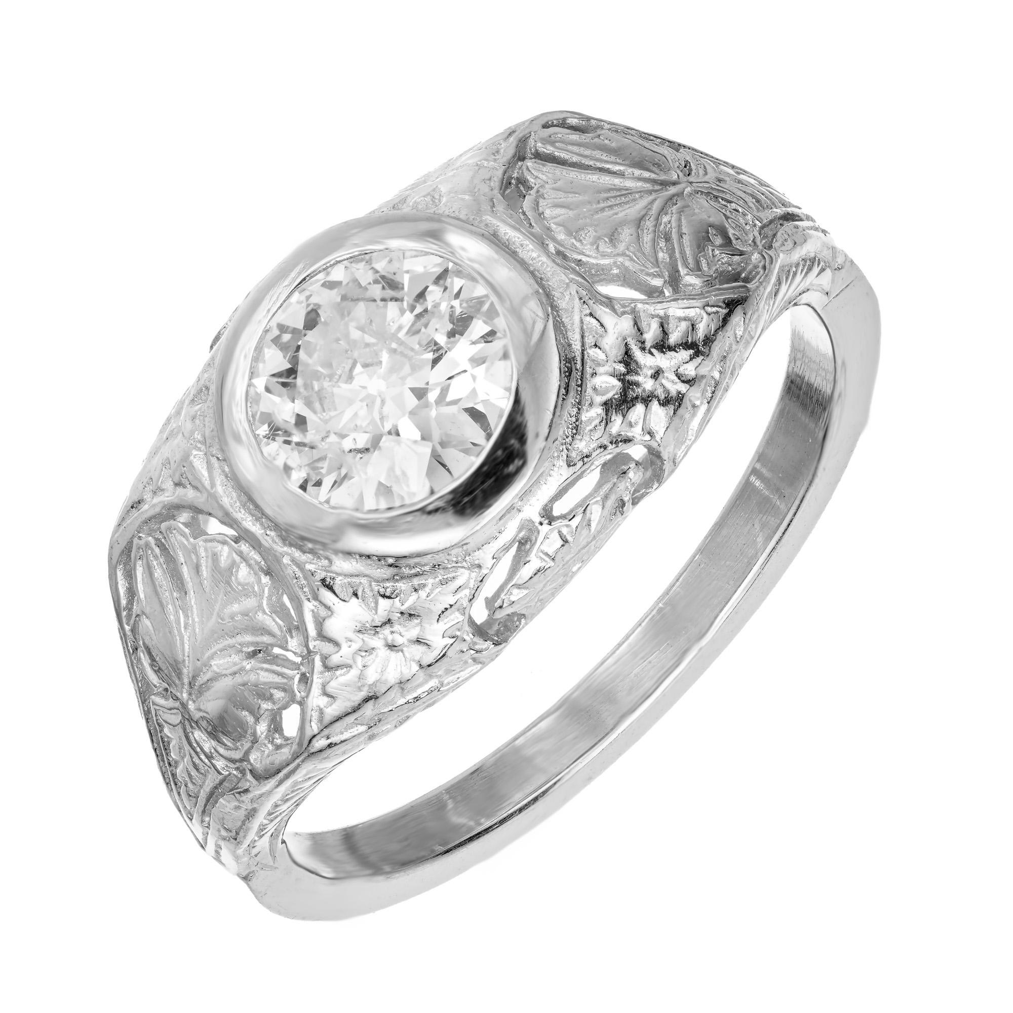 Men’s Art Deco diamond ring. GIA certified 1.10 Old European cut center diamond set in a platinum pierced engraved setting. Suitable for a woman as well.

1 old European cut diamond, approx. total weight 1.10cts, G, I1, 6.89 x 6.79 x 3.63mm, GIA