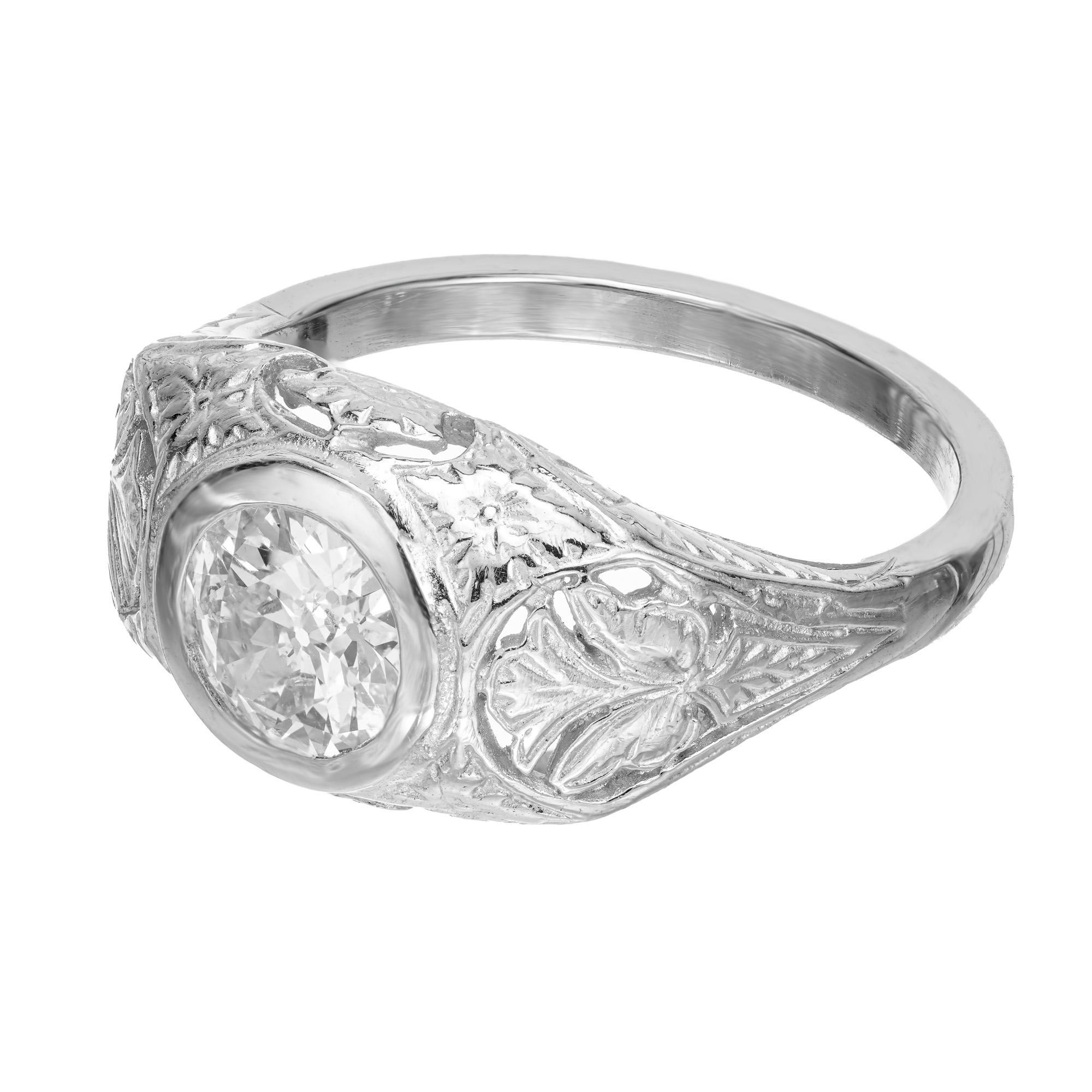 Old European Cut GIA Certified 1.10 Carat Diamond Platinum Art Deco Pierced Engraved Ring