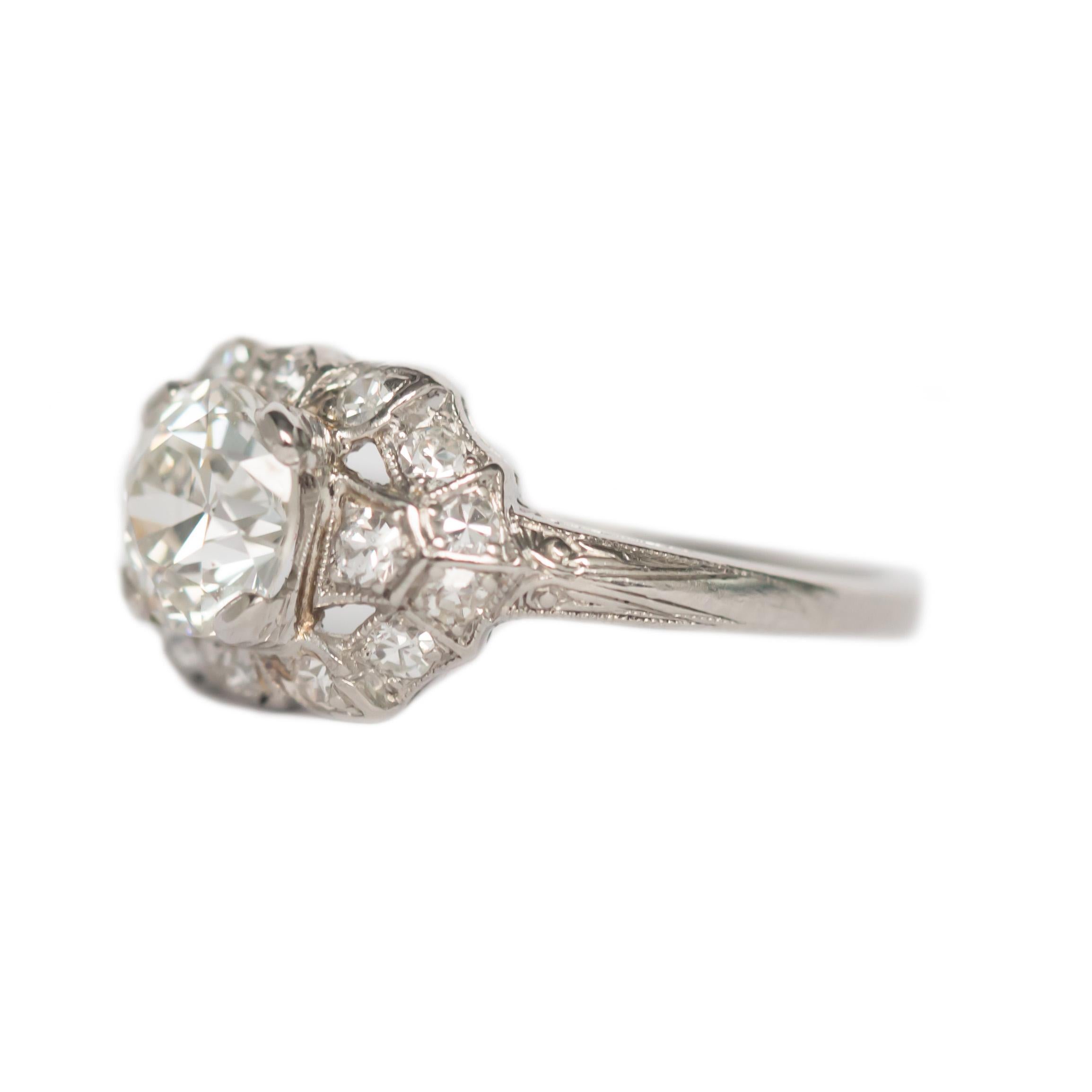 Ring Size: 5.75
Metal Type: Platinum [Hallmarked, and Tested]
Weight: 3.4 grams

Center Diamond Details:
GIA REPORT #5201986347
Weight: 1.03ct
Cut: Old Mine Brilliant
Color: J
Clarity: VS1

Side Diamond Details:
Weight: .20 carat, total weight
Cut: