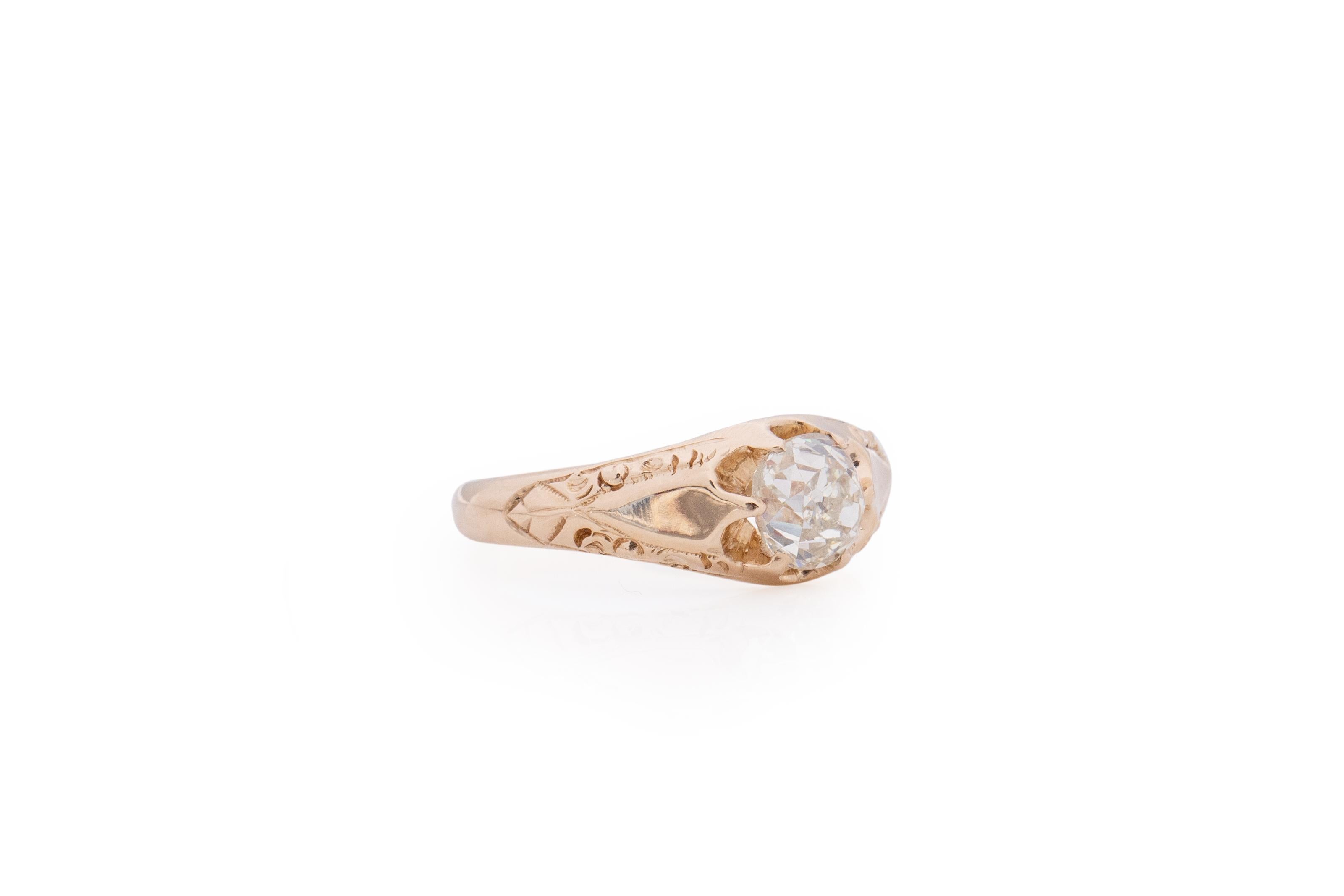 Item Details: 
Ring Size: 6.75
Metal Type: 14 Karat Yellow Gold [Hallmarked, and Tested]
Weight: 2.1 grams

Center Diamond Details:
GIA REPORT #: 5212441231
Weight: 1.10
Cut: Old European brilliant
Color: N (Light Yellow)
Clarity: SI1
Measurements: