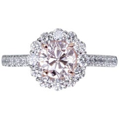 GIA Certified 1.10 Carat Fancy Faint Pink ish Diamond Halo Solitaire Ring