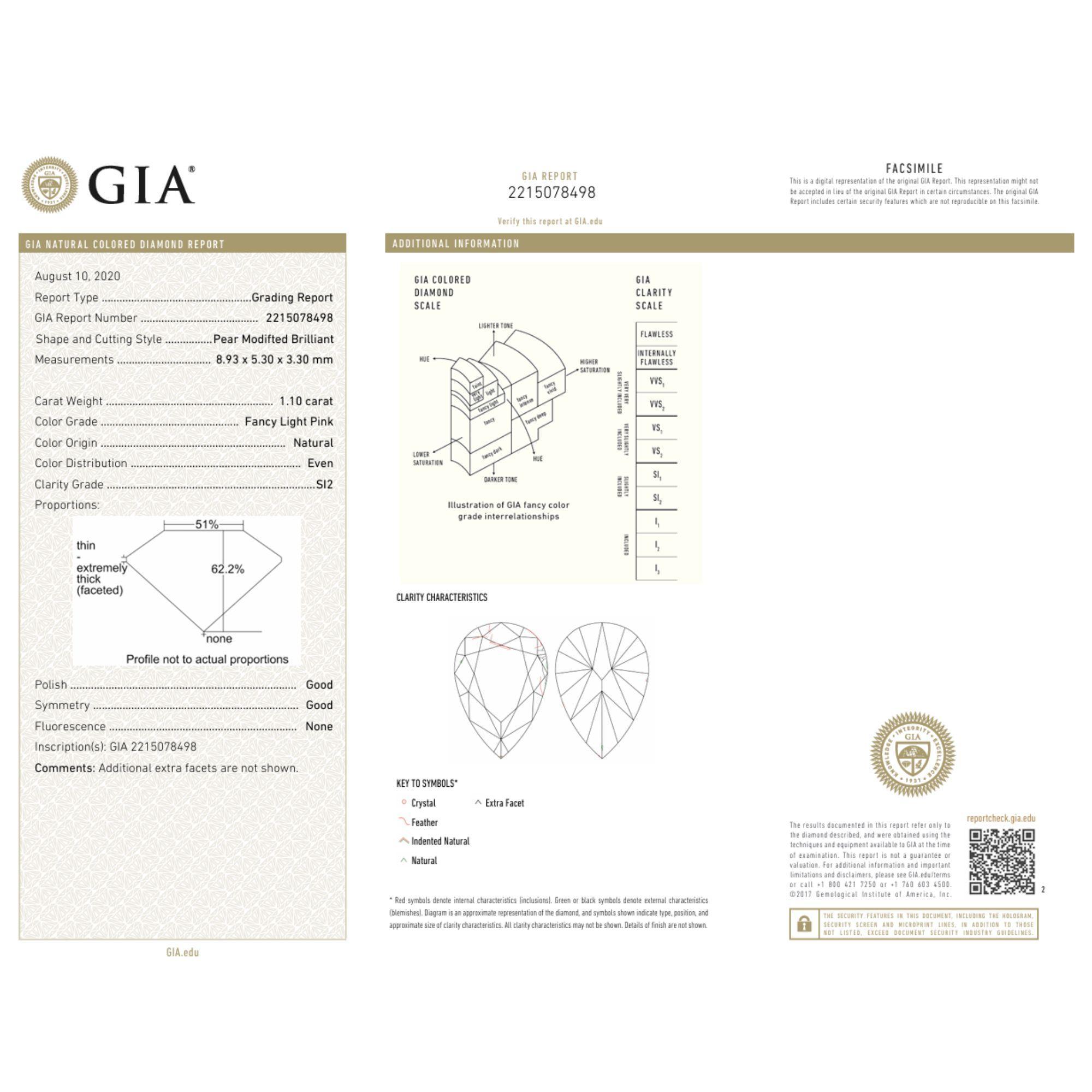 Moderne GIA Certified 1.10 Carat Fancy Light Pink Pear Cut Diamond Loose en vente