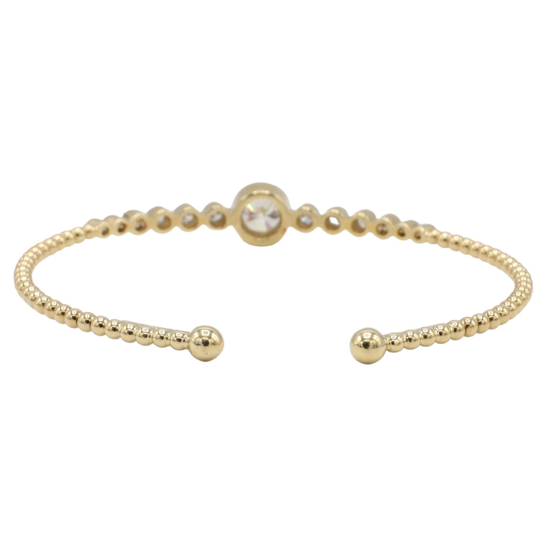 Modern GIA Certified 1.10 I SI1 Round Natural Diamond Yellow Gold Bangle Cuff Bracelet For Sale