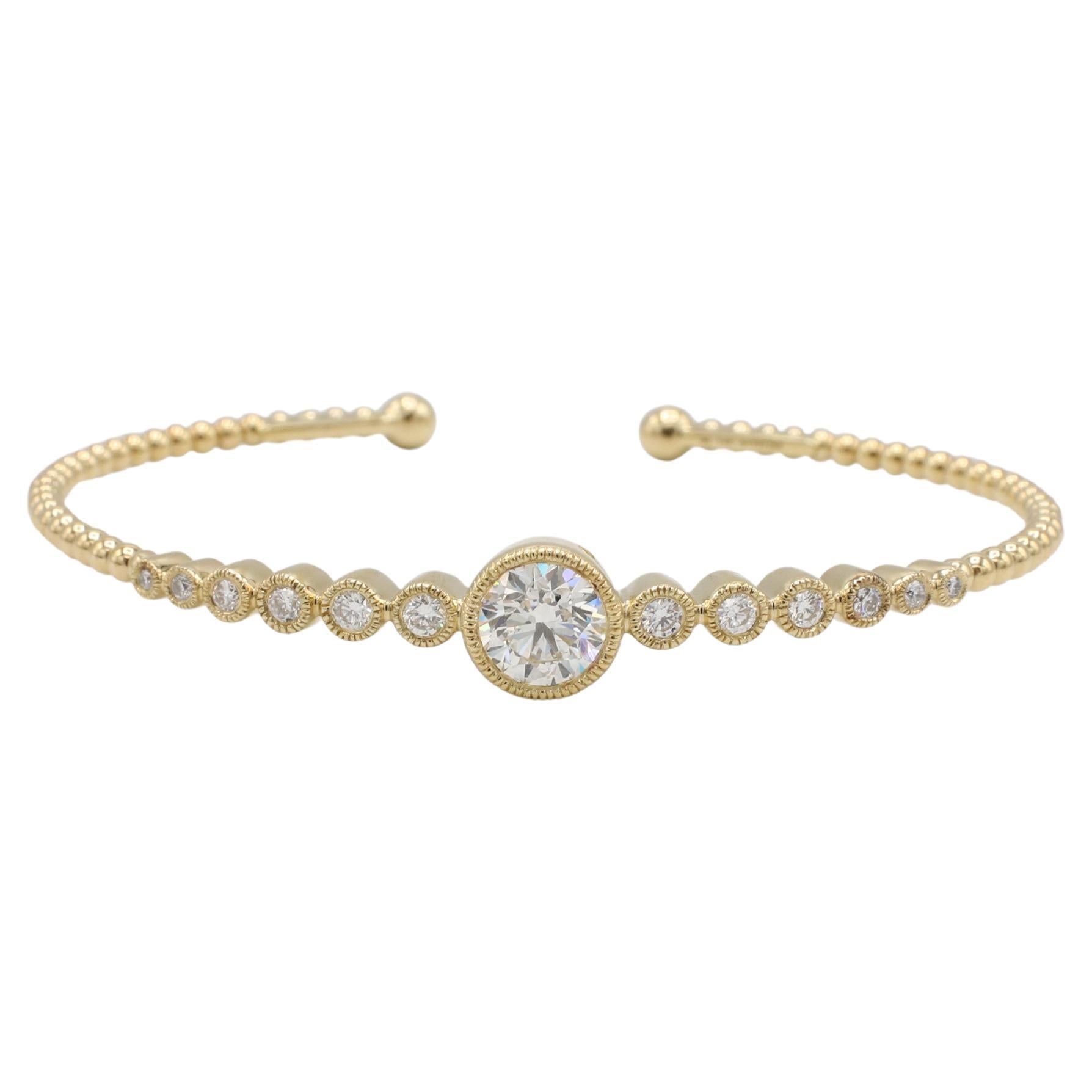 GIA Certified 1.10 I SI1 Round Natural Diamond Yellow Gold Bangle Cuff Bracelet For Sale
