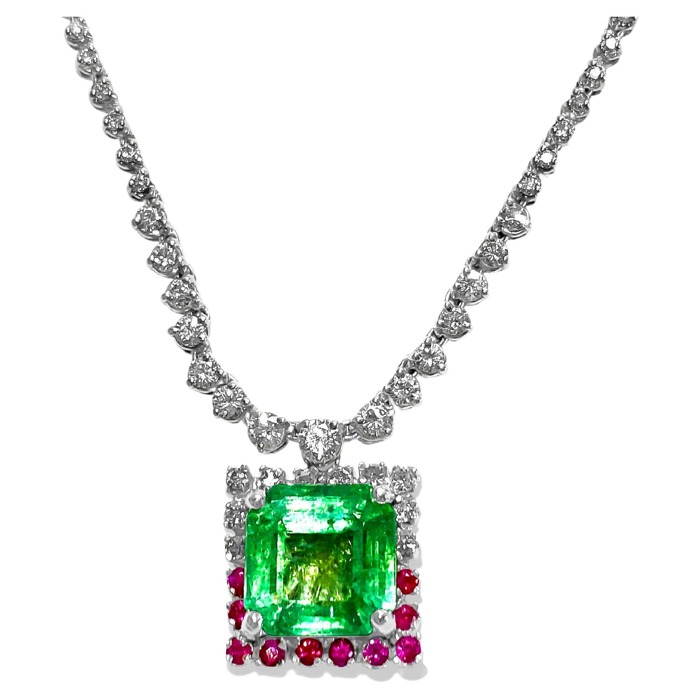 GIA Certified 11.00 Carat Colombian Emerald Ruby Diamond Necklace