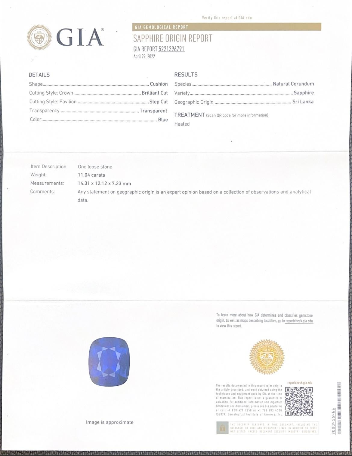 Cushion Cut GIA Certified 11.04ct Ceylon Blue Sapphire Diamond Ring For Sale