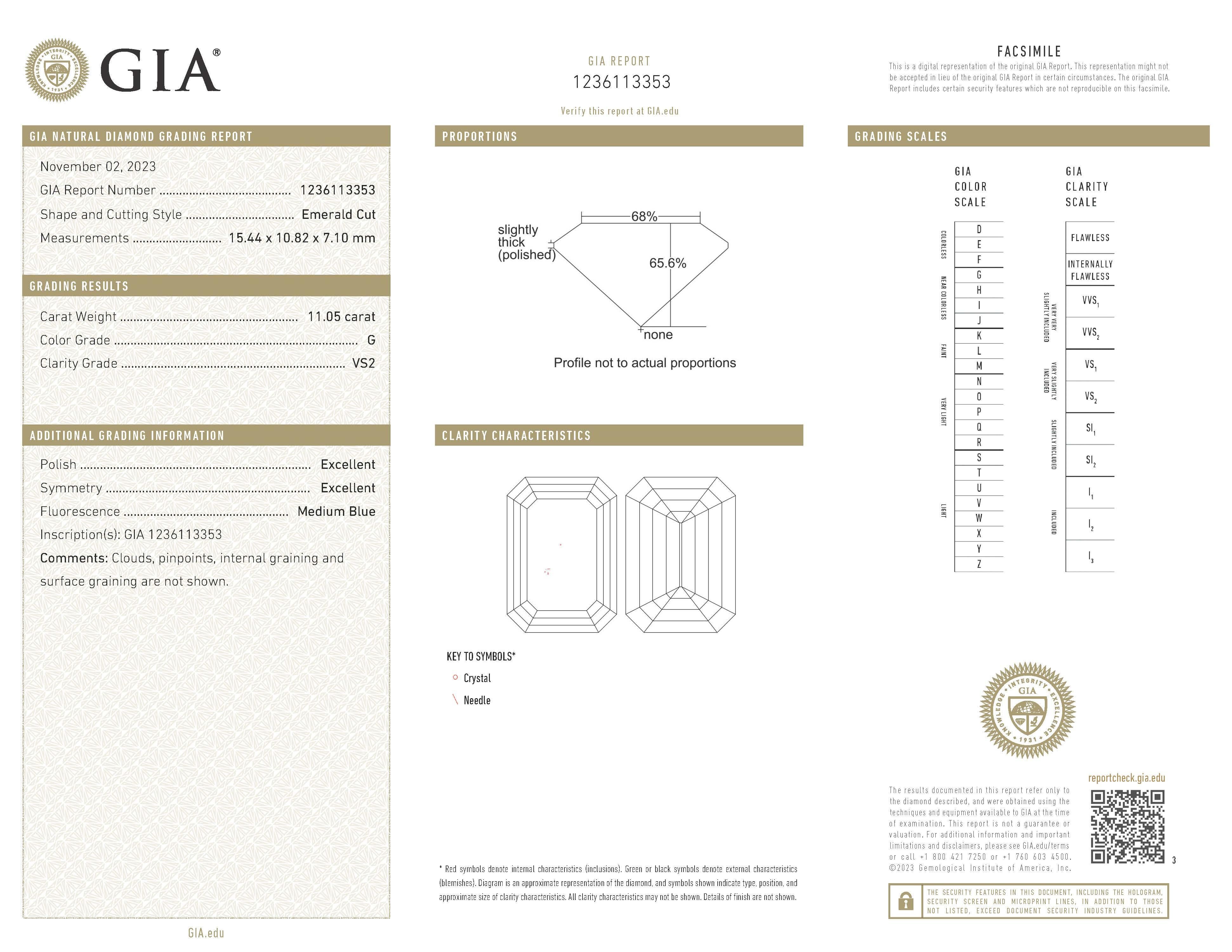Anello con diamante taglio smeraldo G, VS2 certificato GIA da 11,05 carati in platino in vendita 4