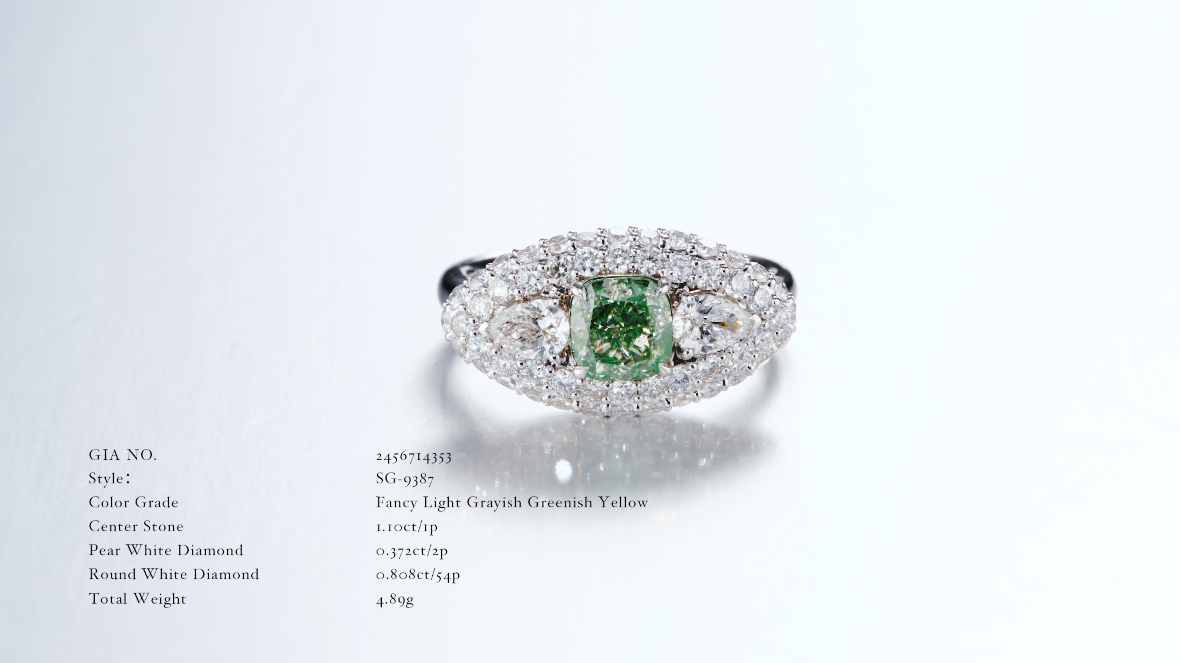 Introducing a truly enchanting piece that seamlessly blends sophistication and individuality - our 1.10-carat Fancy Light Grayish Greenish Yellow GIA Certified Center Stone Ring. This exquisite ring is a celebration of unique beauty, featuring a