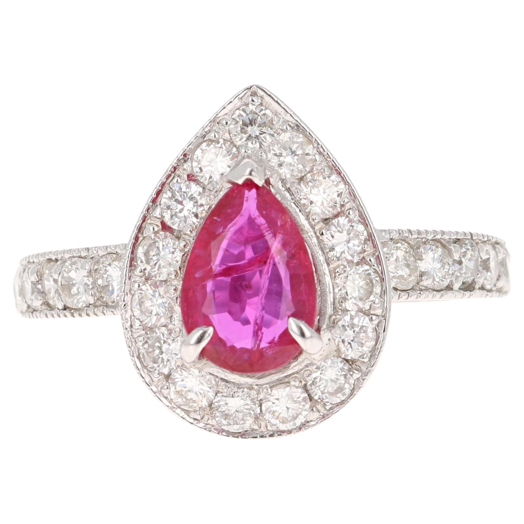 GIA Certified 1.10ct Pear Cut Ruby & 1.02ct Diamond Ring in 18K Gold For Sale