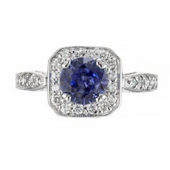 GIA Certified 1.11 Carat Blue Sapphire Diamond Halo White Gold Engagement Ring