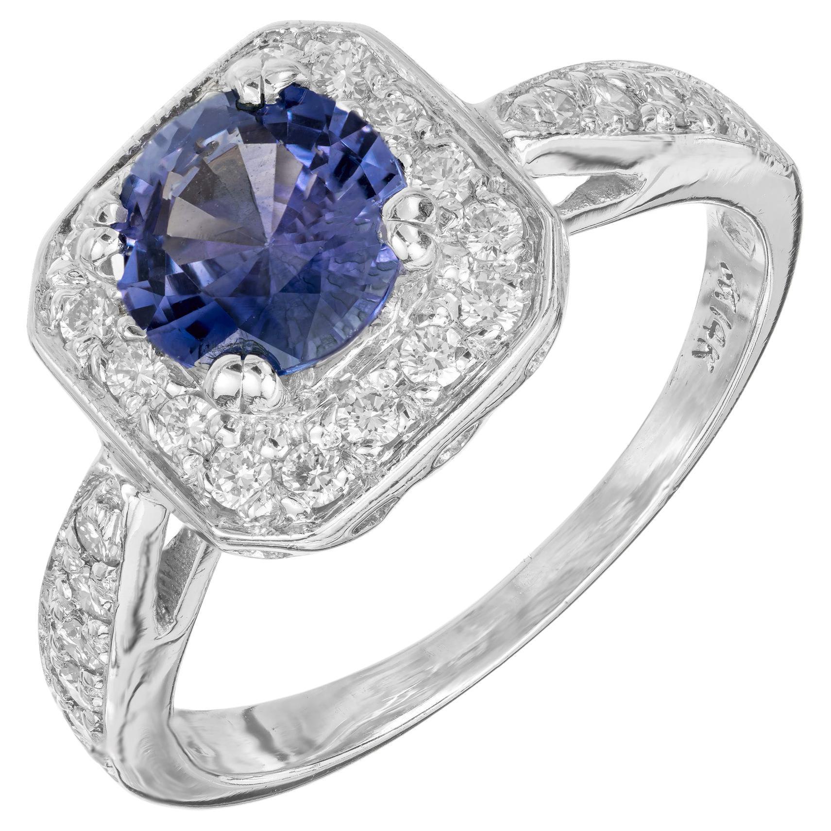 GIA Certified 1.11 Carat Blue Sapphire Diamond Halo White Gold Engagement Ring