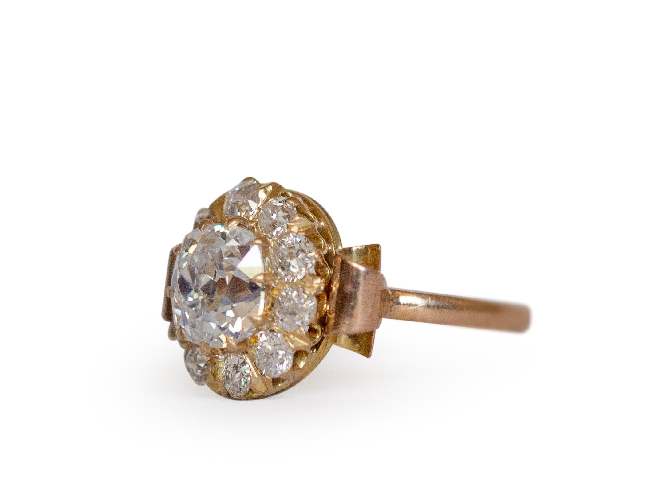 Ring Size: 6
Metal Type: 14K Yellow Gold [Hallmarked, and Tested]
Weight:  3 grams

Center Diamond Details:
GIA REPORT #: 5211060867
Weight: 1.11 carat
Cut: Old Mine Brilliant
Color: G
Clarity: SI2

Side Diamond Details:
Weight: .25 carat, total