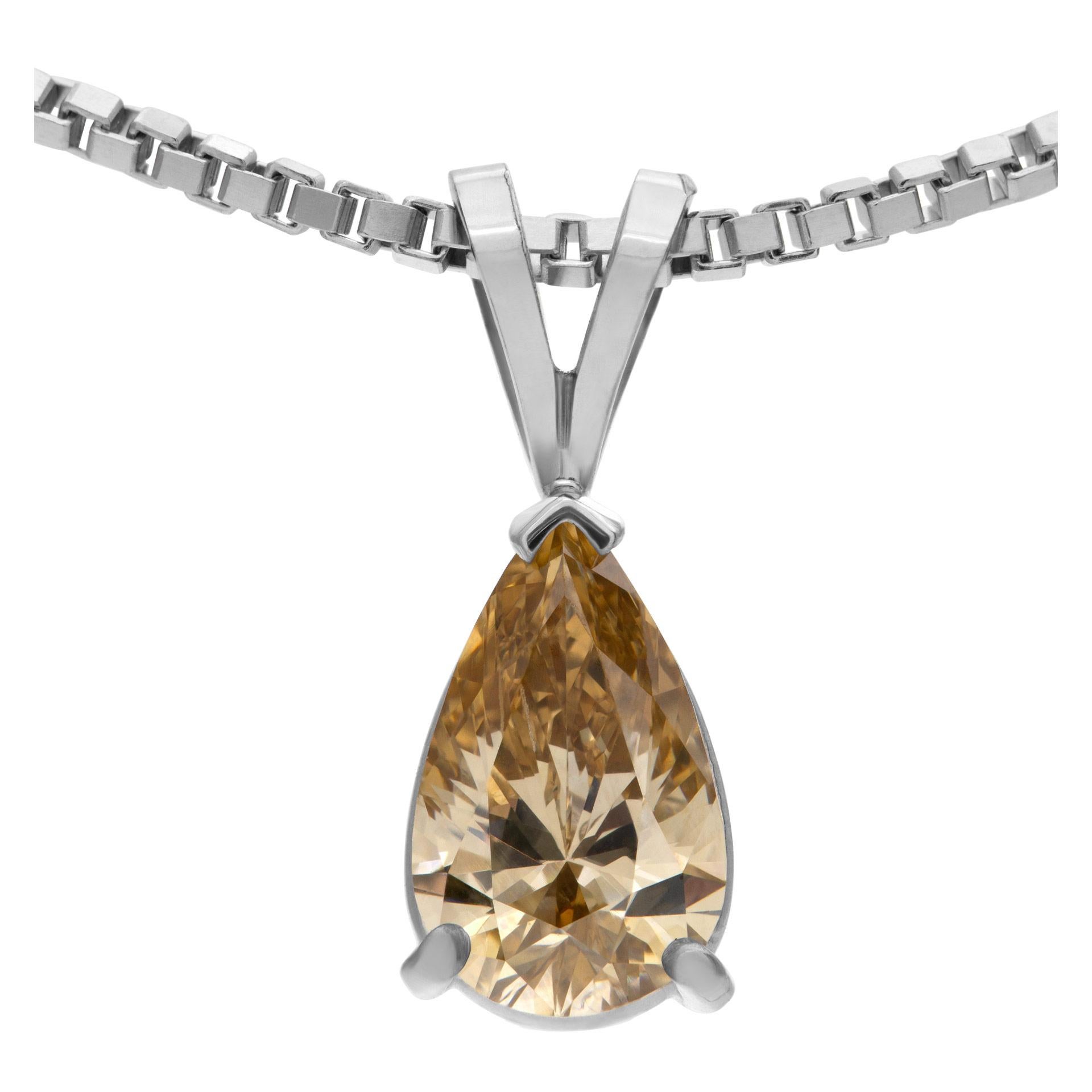 GIA certified 1.11 carat pear cut diamond: Natural, Fancy Brown-Yellow even color, VS1 clarity, set in white gold pendant, on a 15