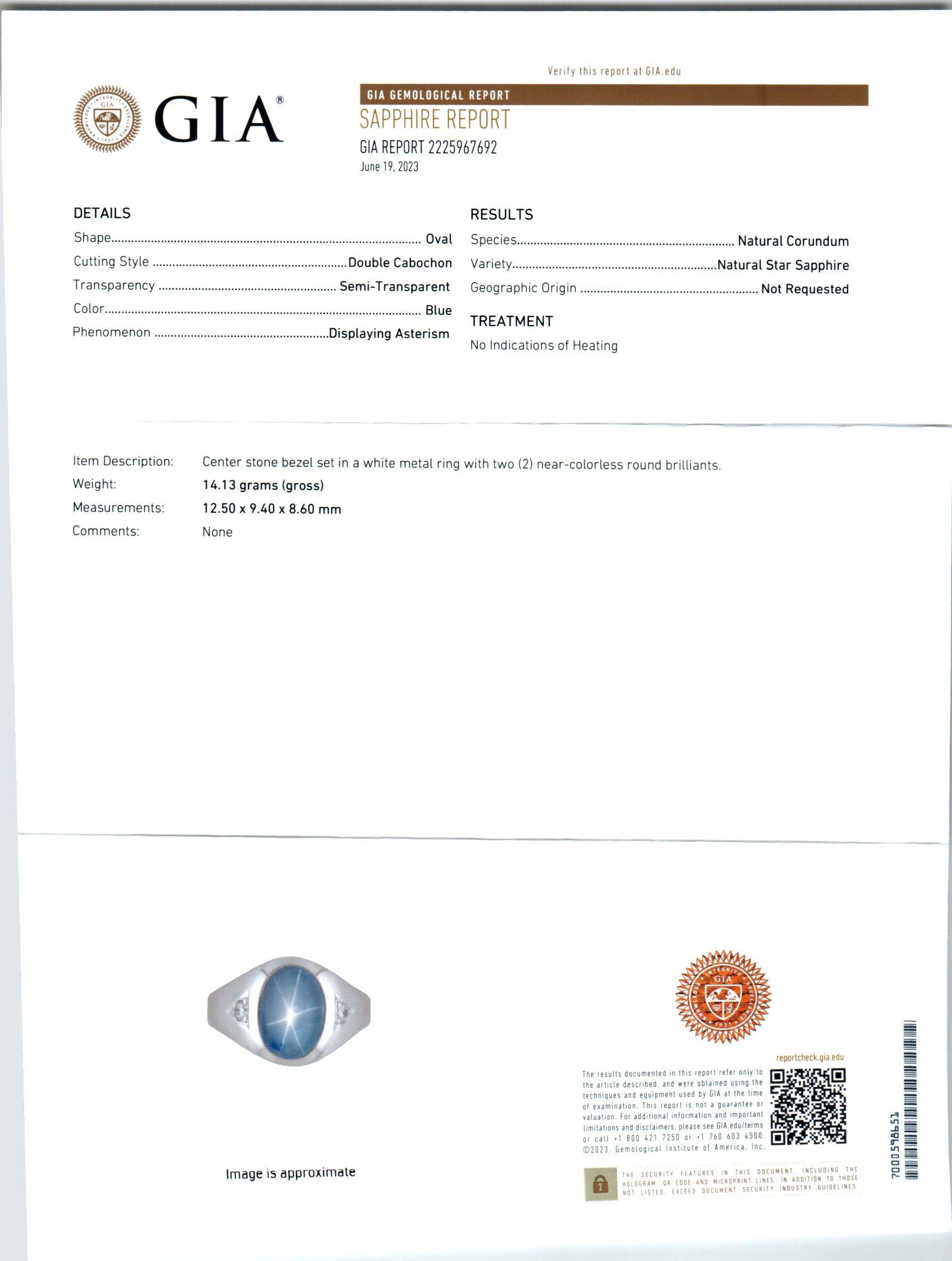 GIA-zertifizierter 11,11 Karat ovaler Sternsaphir Diamant Weißgold Herrenring aus Weißgold im Zustand „Gut“ im Angebot in Stamford, CT