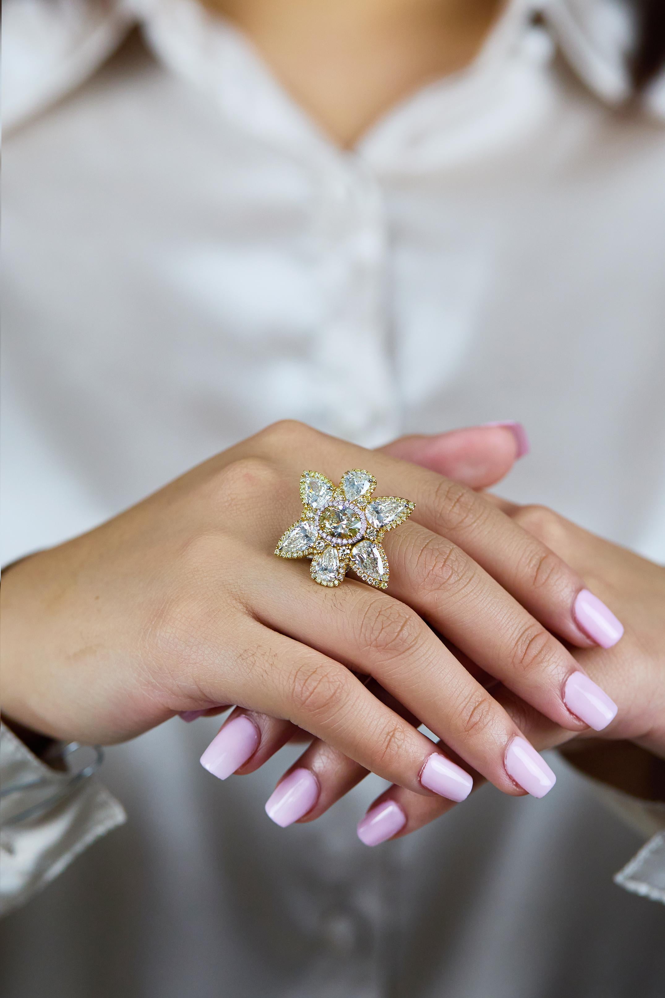 GIA-zertifizierter 11,15 Karat Gesamt-Cocktailring mit Blumen-Diamant im Mischschliff im Angebot 2