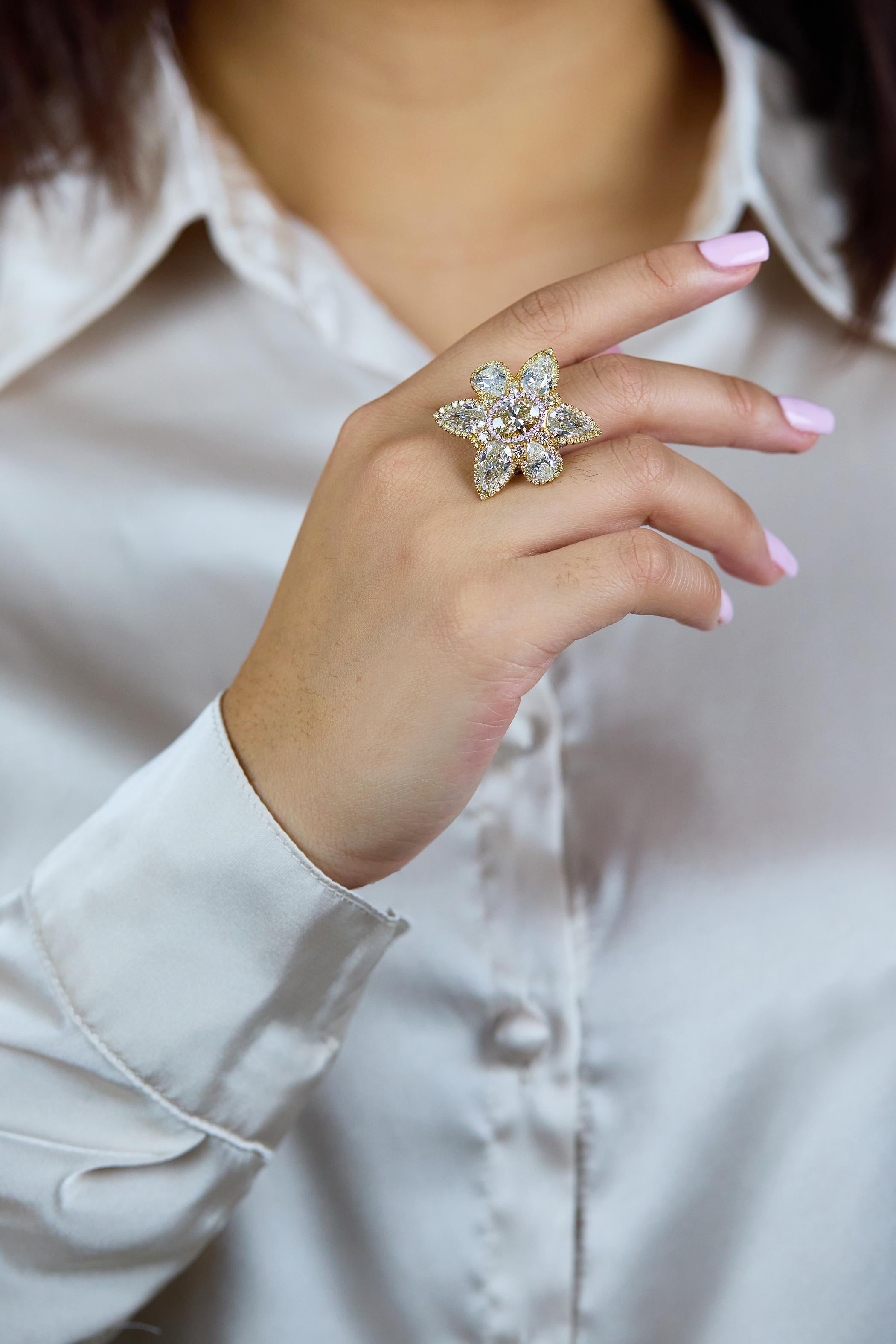 GIA-zertifizierter 11,15 Karat Gesamt-Cocktailring mit Blumen-Diamant im Mischschliff im Angebot 1