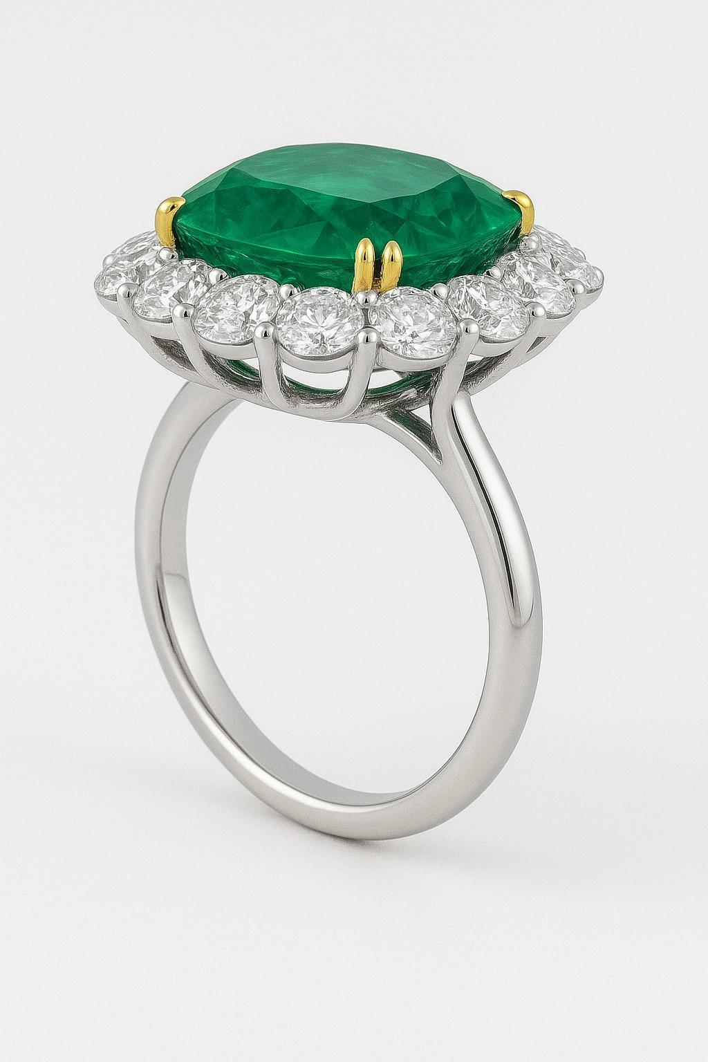 Anello con smeraldo e diamante taglio cuscino certificato GIA da 11,16 carati in oro giallo 18 carati e platino

Questo anello eccezionale mette in mostra uno smeraldo a cuscino da 11,16 carati, certificato GIA, di colore verde vivo, che misura