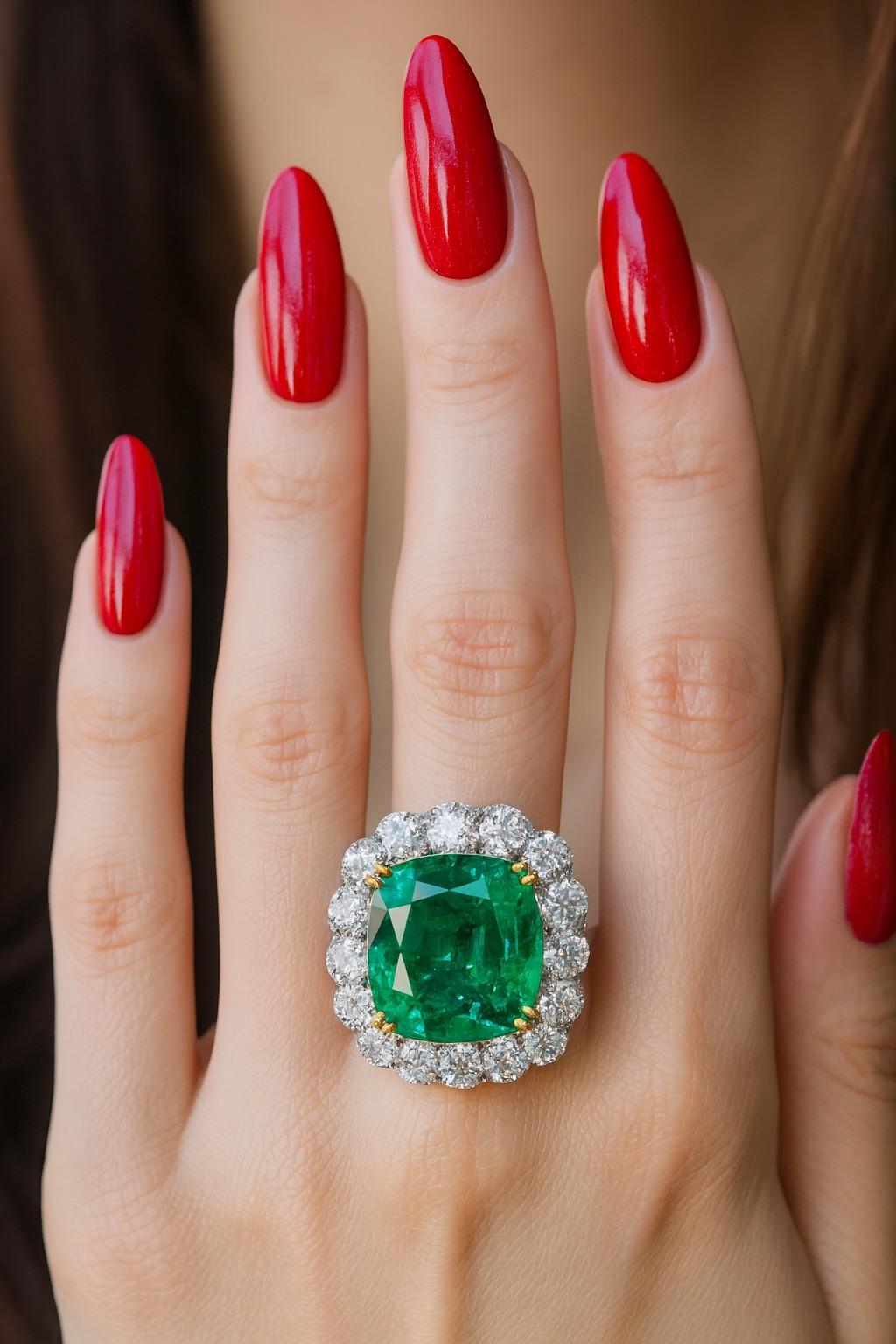 Contemporaneo Anello con smeraldo e diamante taglio cuscino certificato GIA da 11,16 carati in vendita