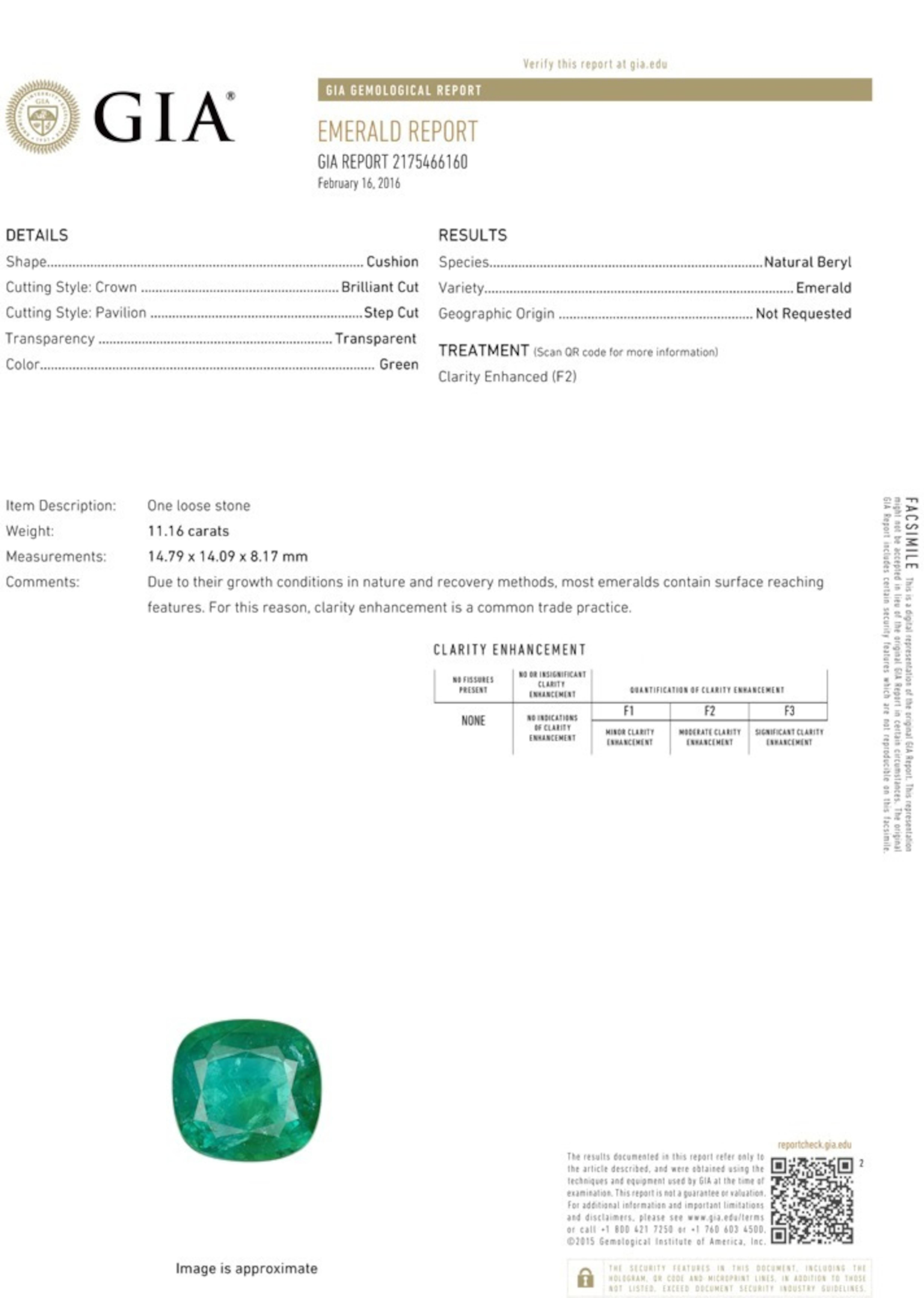 Anello con smeraldo e diamante taglio cuscino certificato GIA da 11,16 carati In condizioni Nuovo in vendita a Chicago, IL