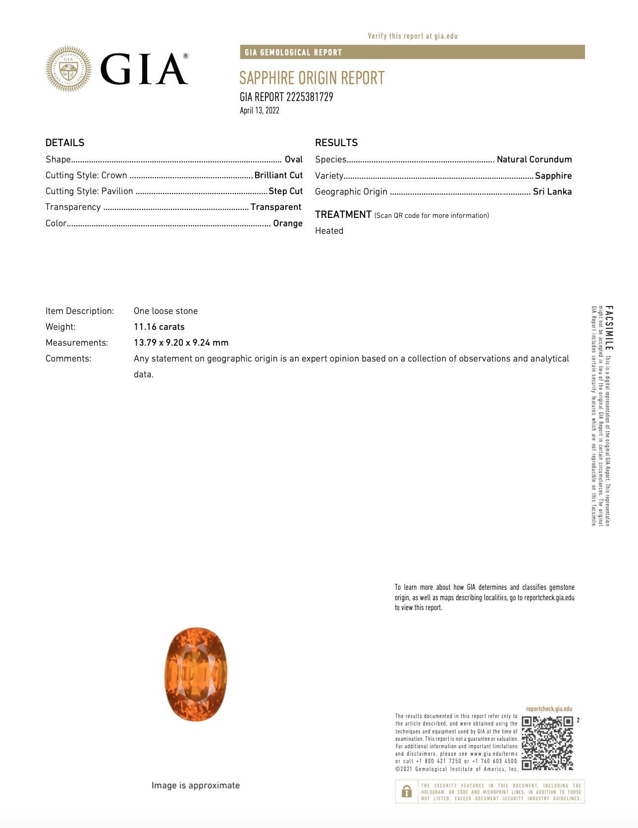 Art déco Saphir orange de taille ovale de 11,16 carats certifié GIA en or rose 14 carats en vente