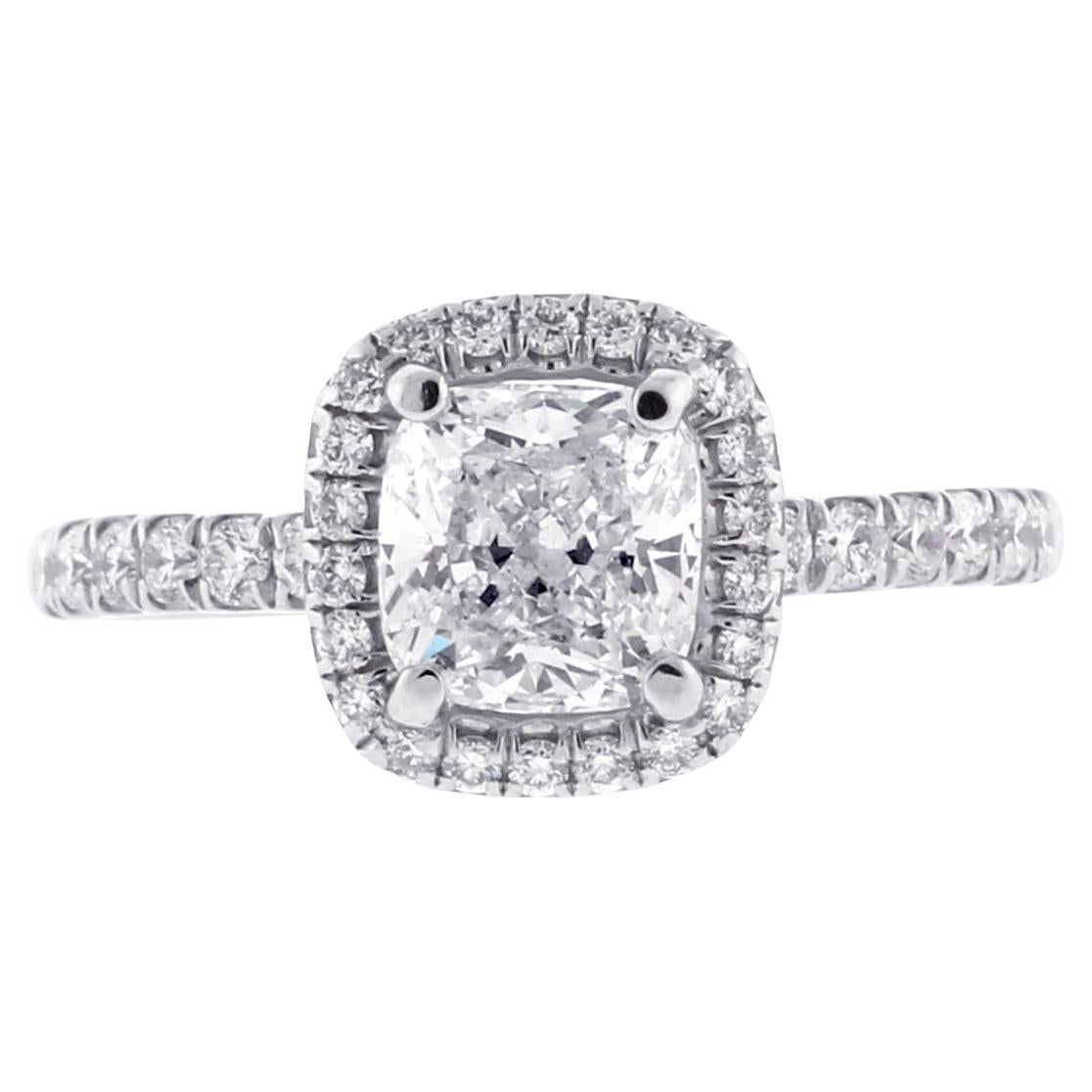 G.I.A. Certified 1.11ct Cushion Cut Diamond Halo Engagement Ring in vendita