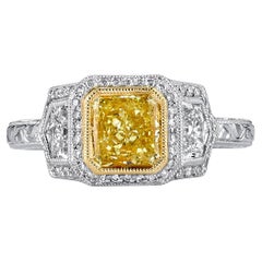 GIA Certified 1.11ct Fancy Intense Yellow Three Stone Diamond Ring Platinum