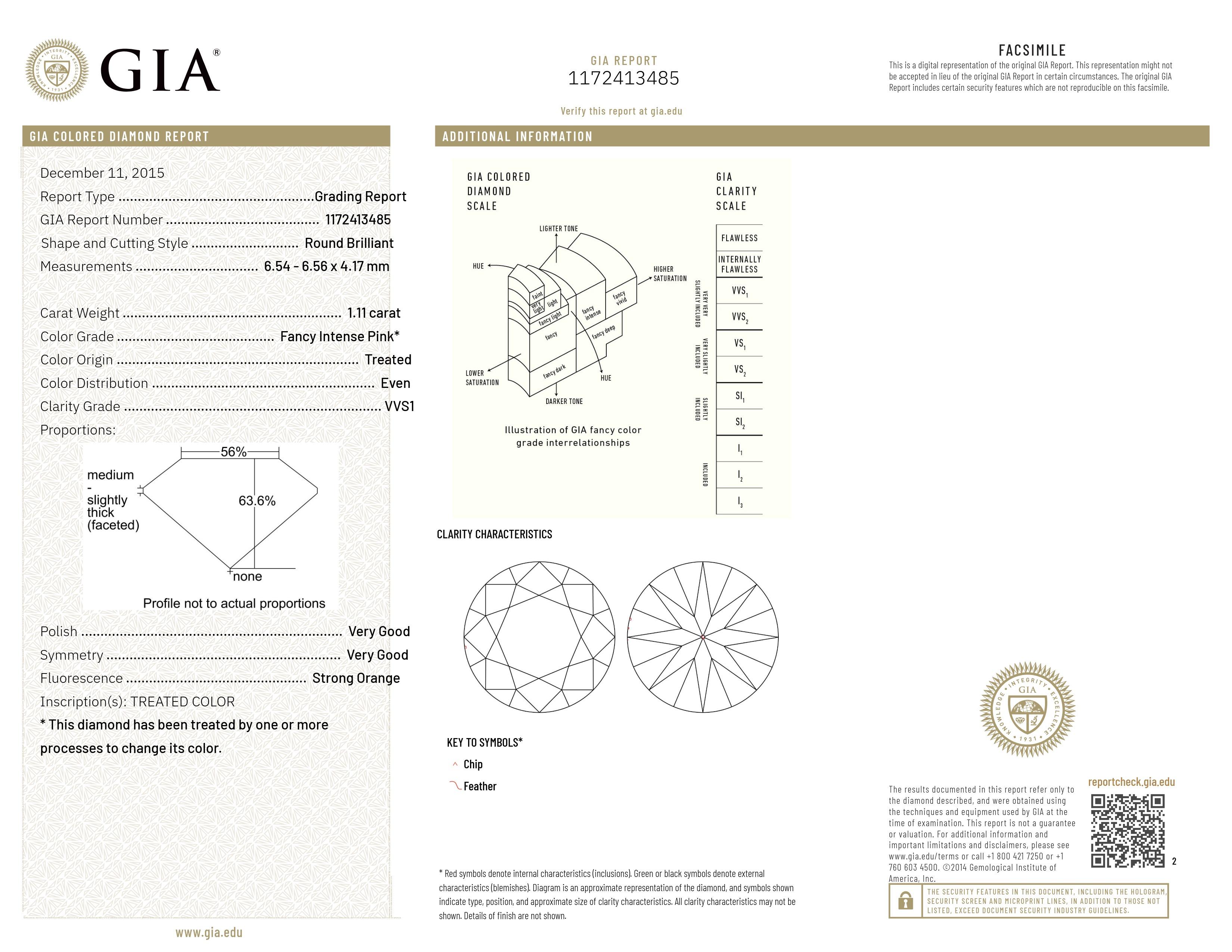 GIA Certified 1.11CT HPHT VVS1 Round Brilliante Cut Natural Pink Diamond in vendita 1