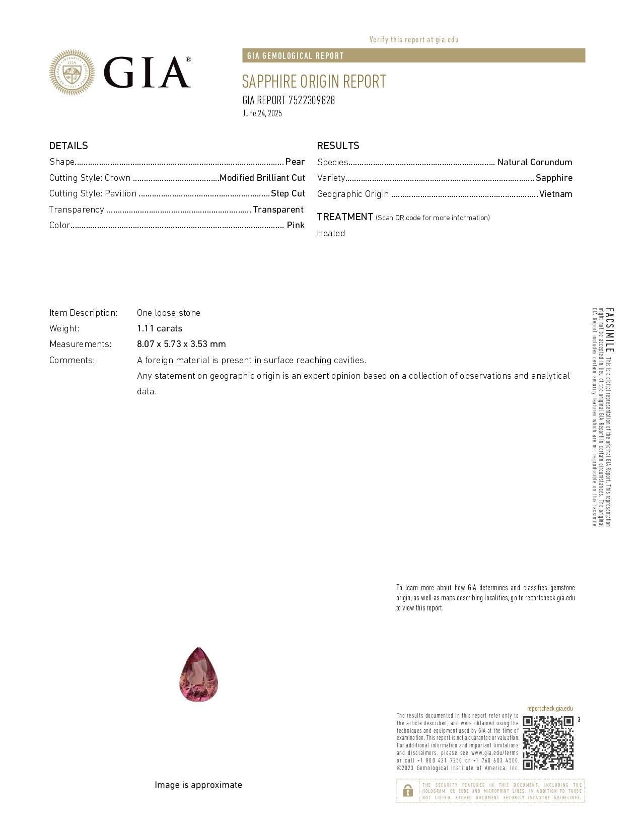 Dettagli sulle gemme:

Tipo di gemma: Zaffiro Nature

Colore: rosa

Peso in carati: 1,11ct

Chiarezza: VVS (occhio pulito)

Trasparenza: Altamente trasparente

Forma e taglio: Pera

Misure: 8,07x5,73x3,53 mm

Origine: Vietnam (come da parere