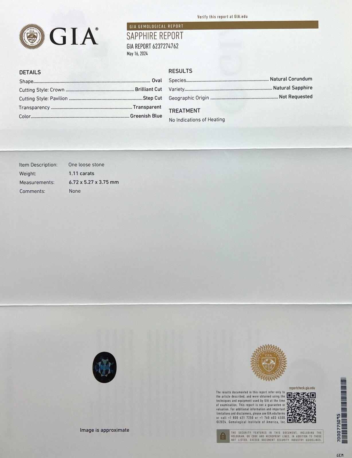 Taille ovale GIA Certified 1.11ct Sapphire Natural Vivid Blue Green Untreated 6.7x5.2mm If en vente