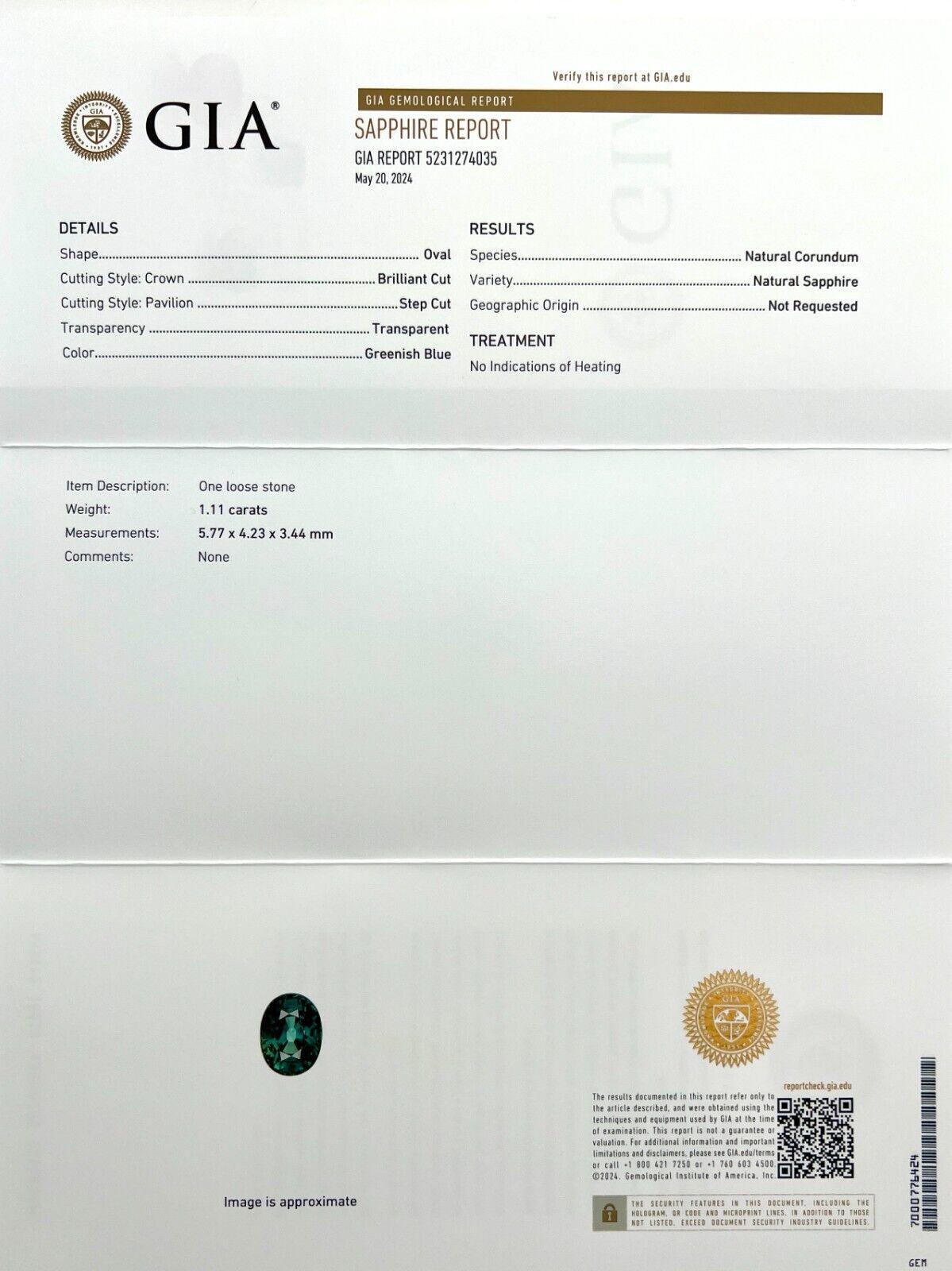 Gia Certified 1.11ct Unheated Deep Green Blue Sapphire Oval Cut Untreated Gem In New Condition For Sale In Birmingham, GB
