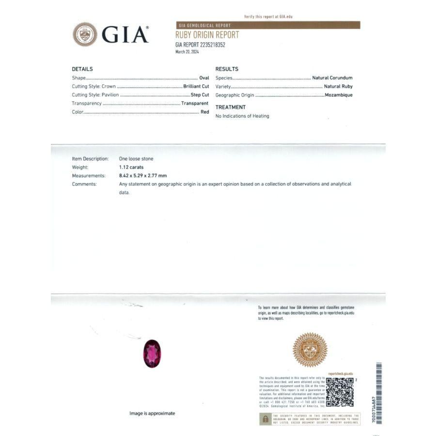 This 1.12 carats Natural Unheated Mozambique Ruby boasts a captivating oval shape, measuring 8.42 x 5.29 x 2.77 mm. Its brilliant red color and precise brilliant/step cuts enhance its fiery sparkle. Certified by GIA, the unheated treatment confirms