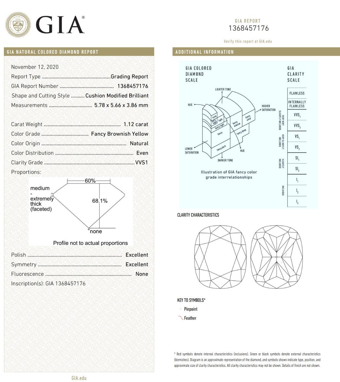 GIA Certified 1.12 Carat Fancy Brownish Yellow VVS1 Clarity Diamond Ring For Sale 3