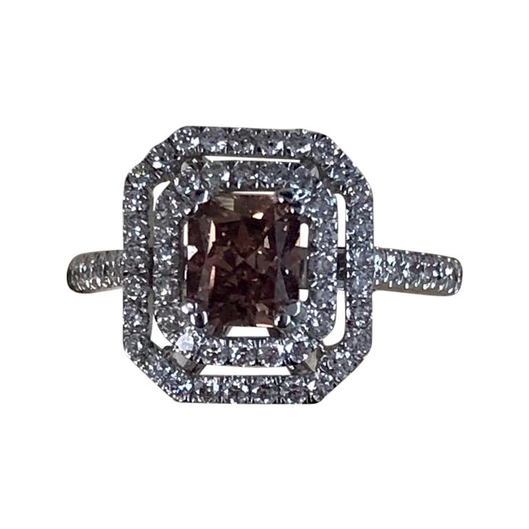 GIA Certified 1.12 Carat Fancy Pink-Brown Radiant Diamond Ring 18 Karat Gold