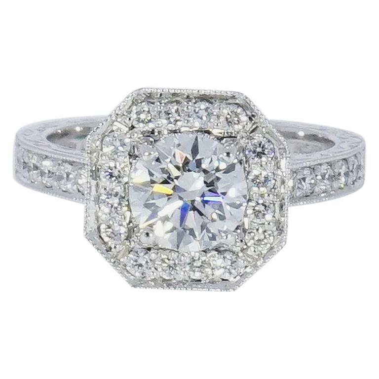 GIA Certified 1.12 Carat Round Diamond Halo Platinum Engagement Ring